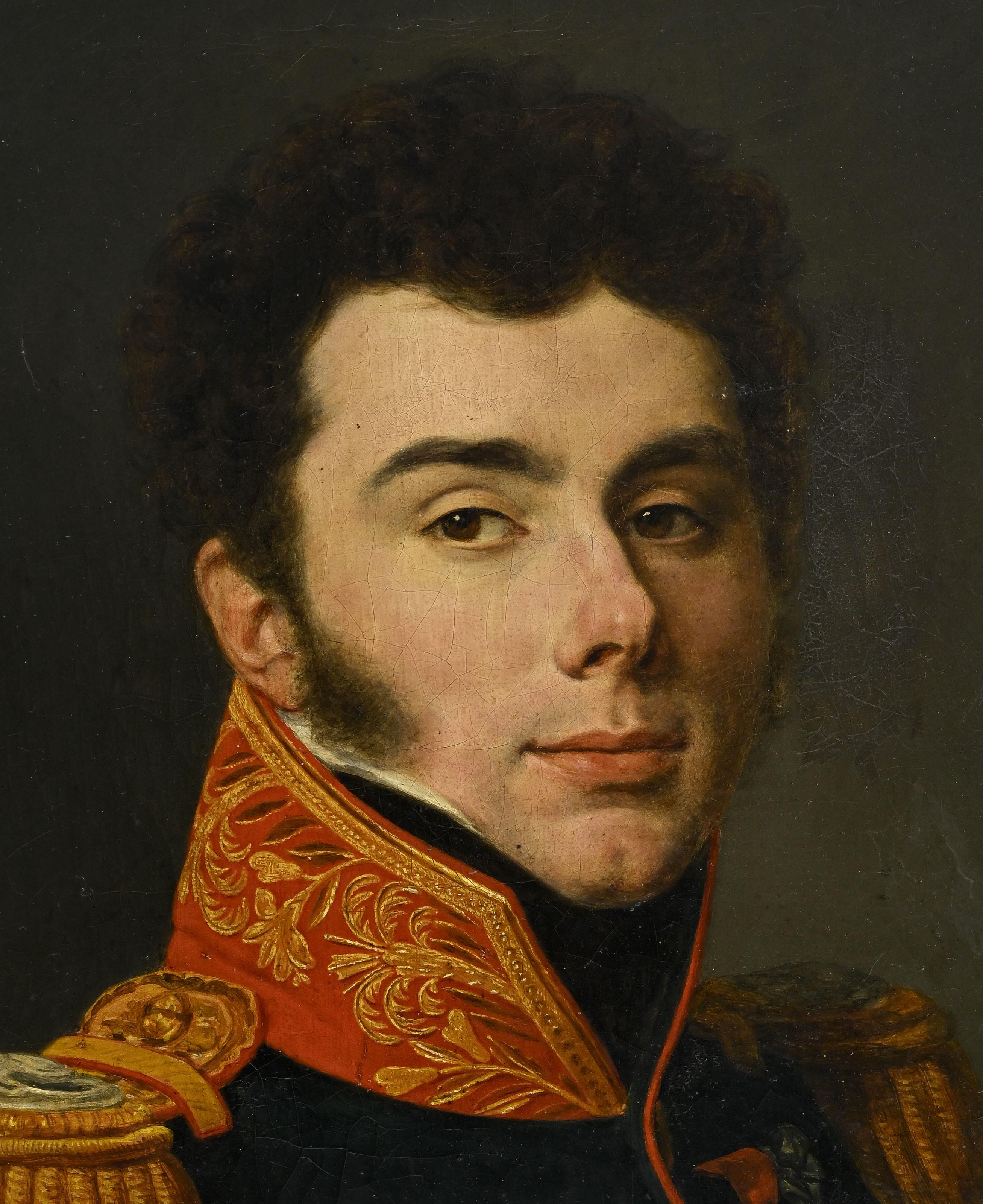 Ritratto di un ufficiale superiore del reggimento del centesimo Suisses della Maison du Ro - Portrait Painting Nero di Louis Marie Sicardi