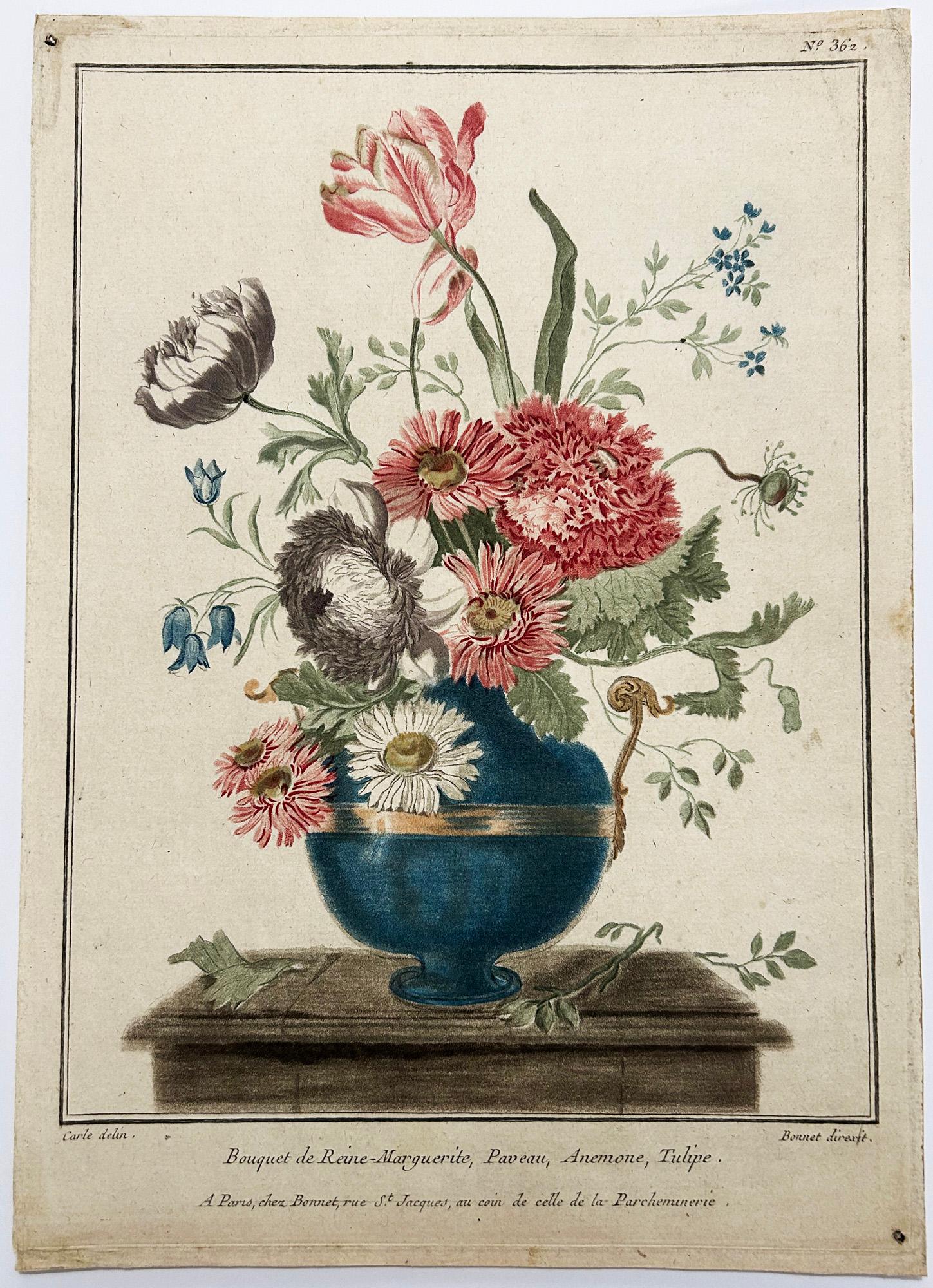 Bouquet de Reine-Marguerite, Paveau, Anémone, Tulipe. - Print by Louis Marin Bonnet
