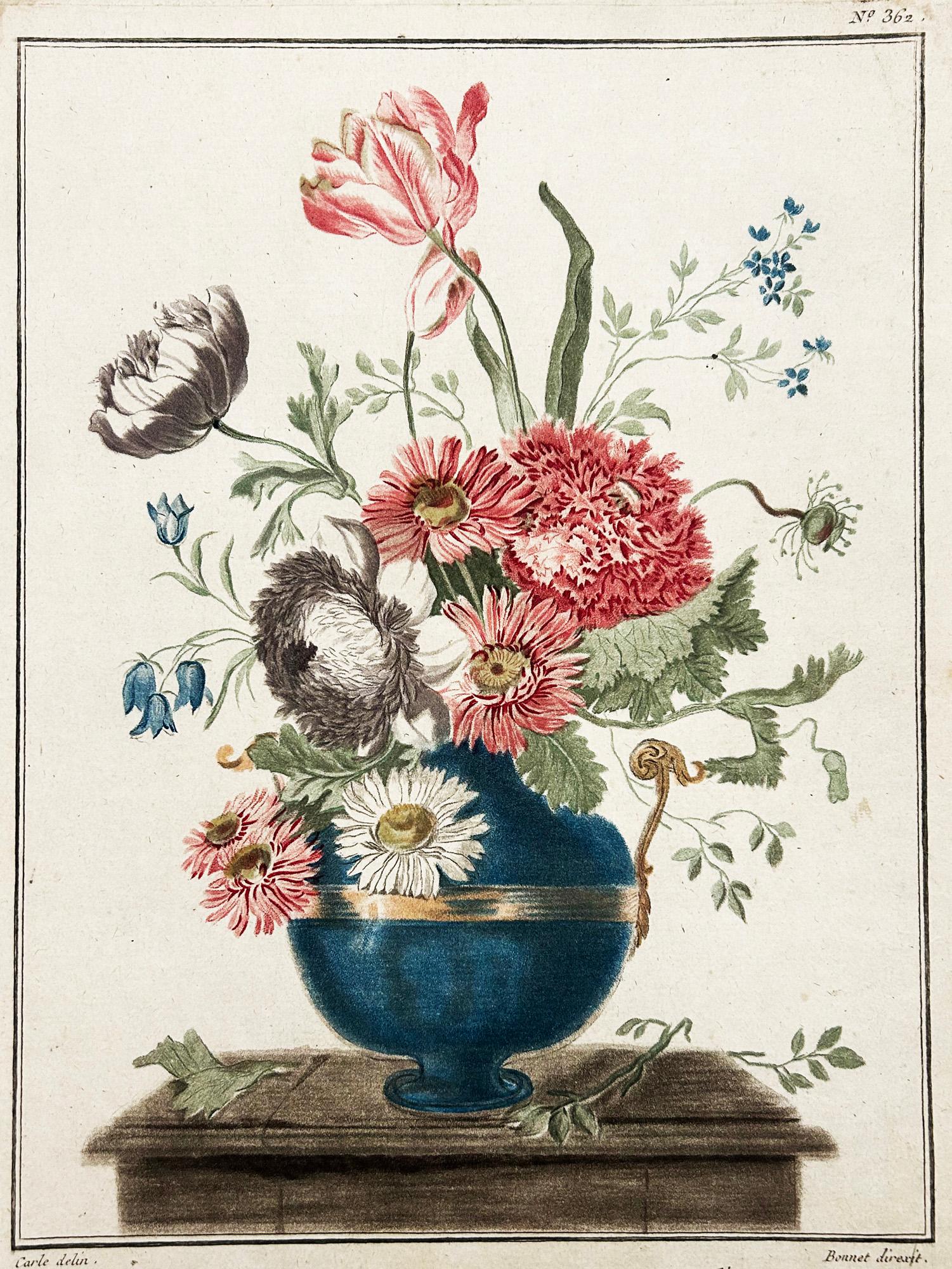 Louis Marin Bonnet Figurative Print - Bouquet de Reine-Marguerite, Paveau, Anémone, Tulipe.