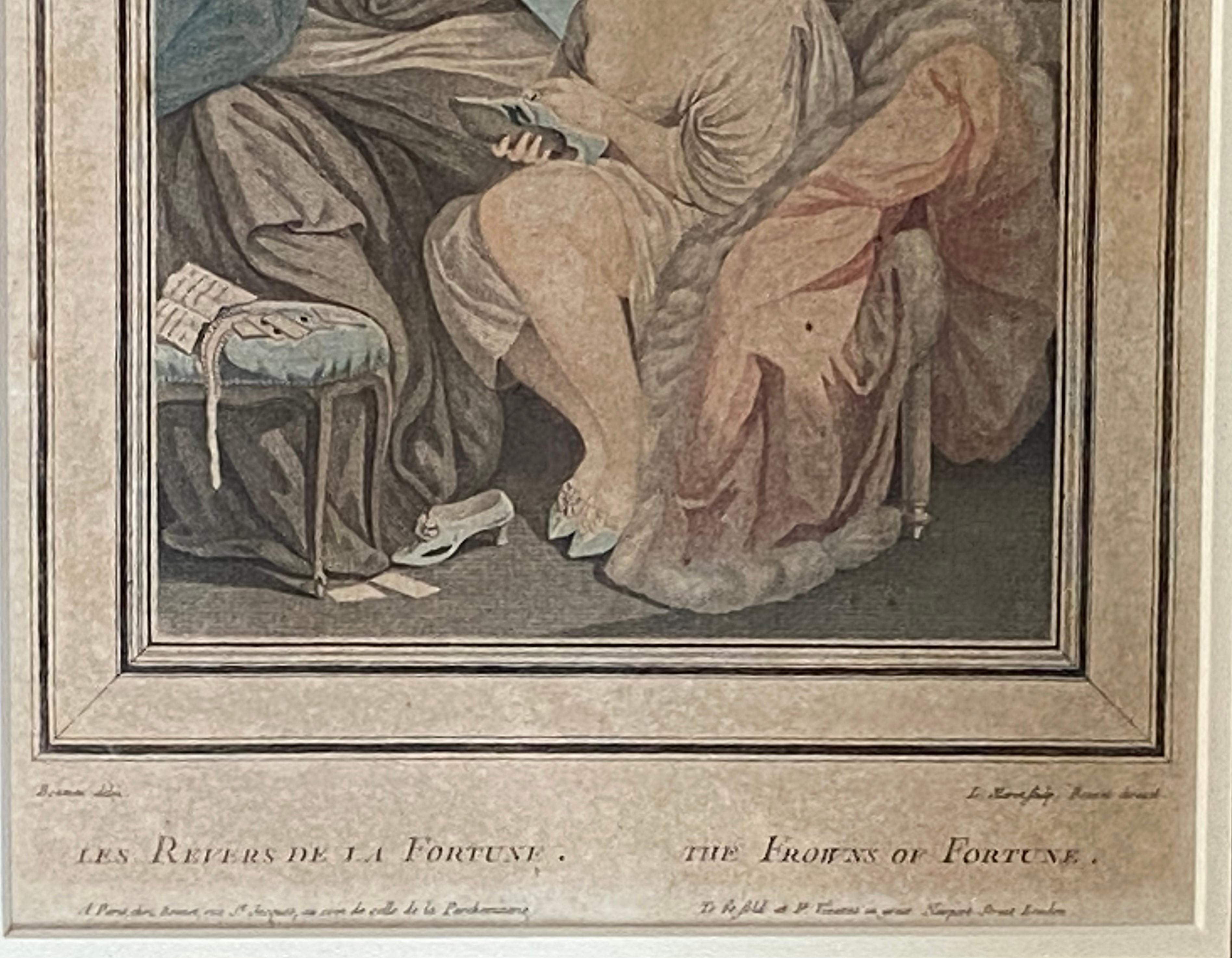 Original stipple engraving with colors titled “Les Revers de la Fortune” (Reversal of Fortune) by the well known French engraver, Louis Marin Bonnet.  Circa 1885. Condition is good to very good. The artwork is under UV plexiglass.  Recently