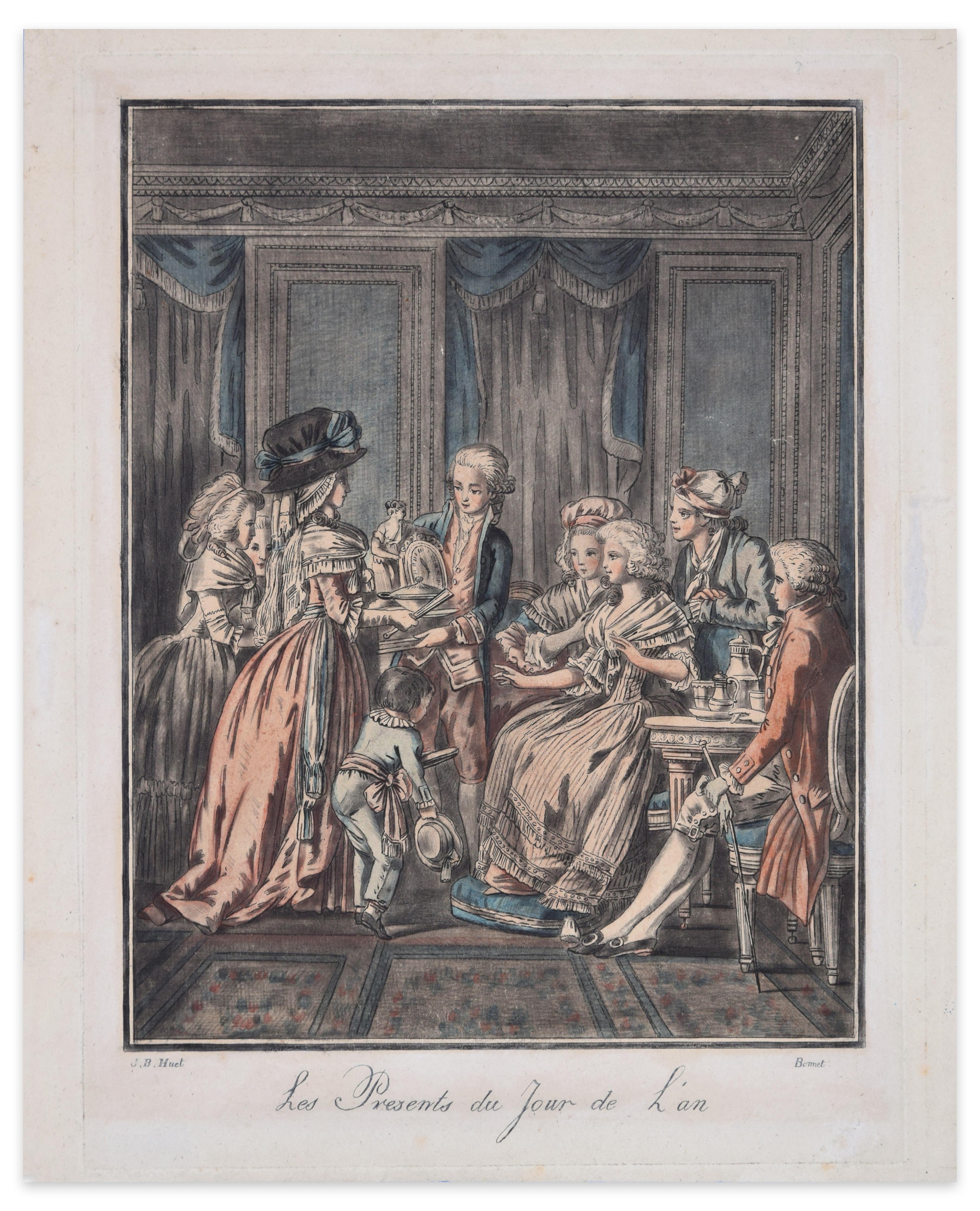 Les Présents Du Jour De L'An- Original Etching by L-M Bonnet - Late 18th Century - Print by Louis-Marin Bonnet
