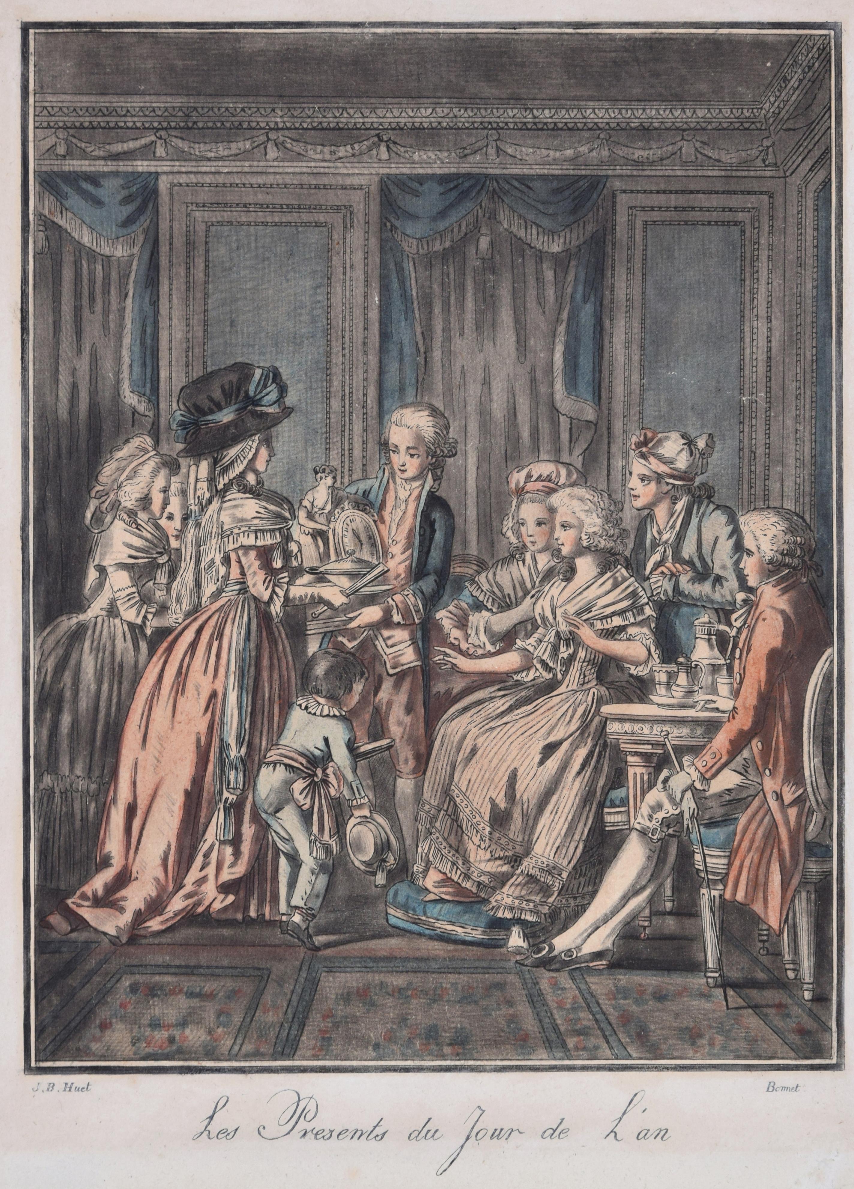 Louis-Marin Bonnet Figurative Print - Les Présents Du Jour De L'An- Original Etching by L-M Bonnet - Late 18th Century