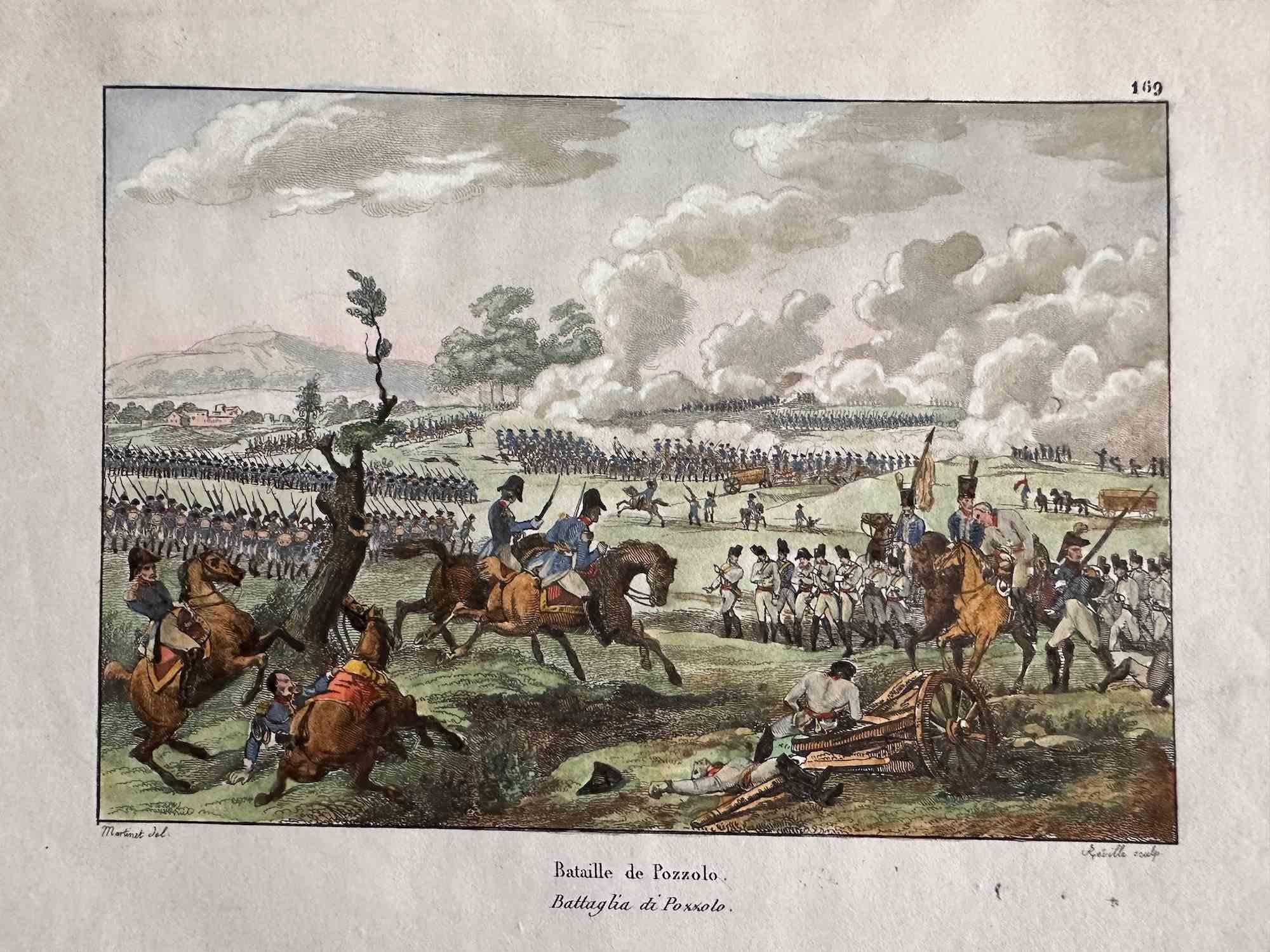 Pozzolo Battle is a lithograph print on paper realized After Louis Martinet in the 1850s.

Titled, signed on the plate.

The artwork is in good conditions with aged margins and diffused foxing.

