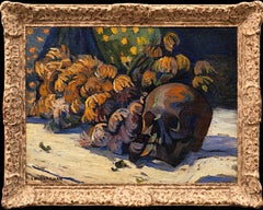 Antikes fauvistisches „Stillleben mit Blumen und Totenkopf“ Louis Mathieu Verdilhan 