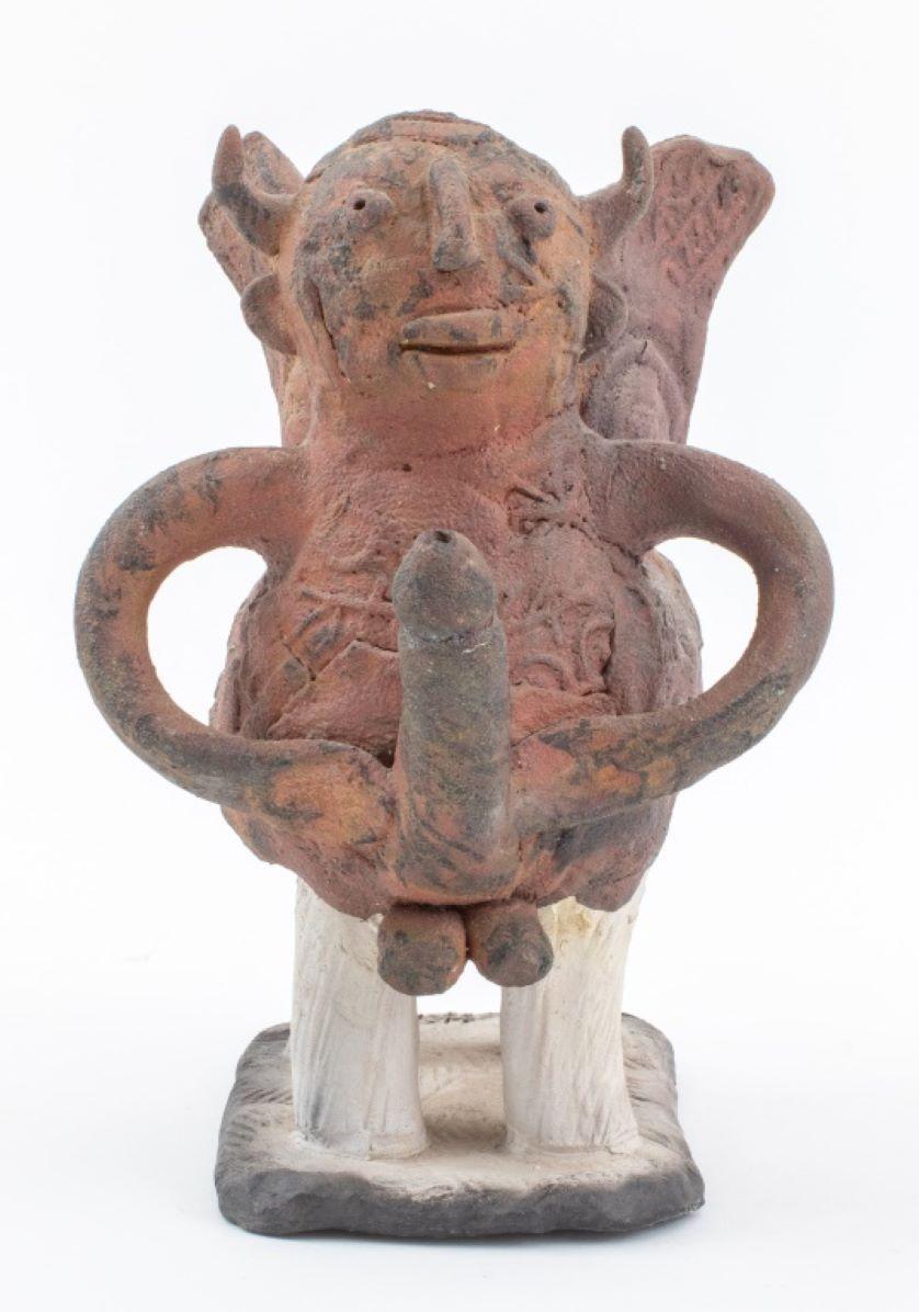 Louis Mendez (American, 1929-2012) hand-built raku-fired ceramic pottery statue sculpture depicting a horned and winged male centaur creature glazed russet red on unglazed legs, textured surface with cryptic symbols, signed 