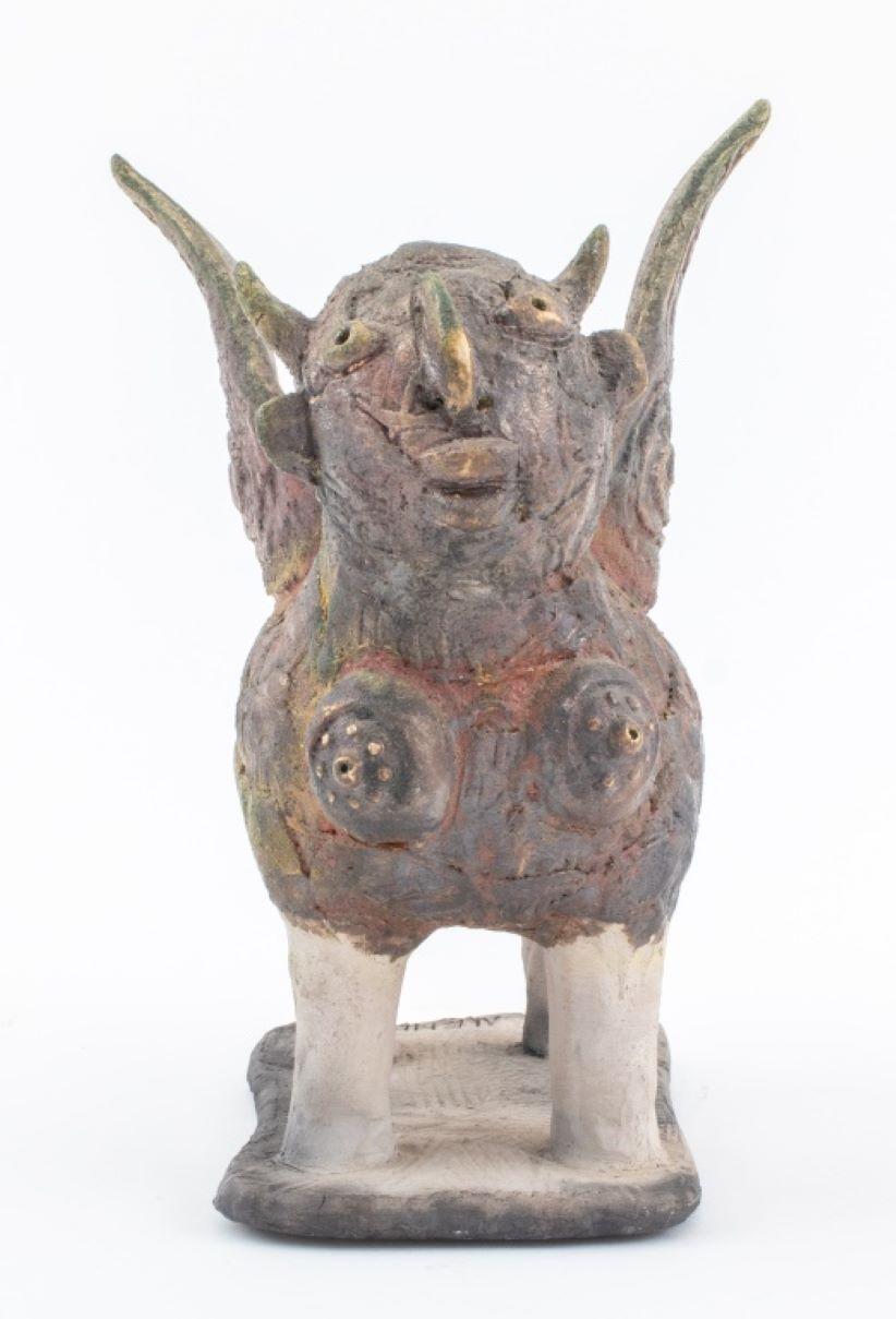 Louis Mendez (American, 1929-2012) hand-built raku-fired ceramic pottery statue sculpture depicting a horned and winged female centaur creature with polychrome metallic glazes on unglazed legs, textured surface with cryptic symbols, signed 