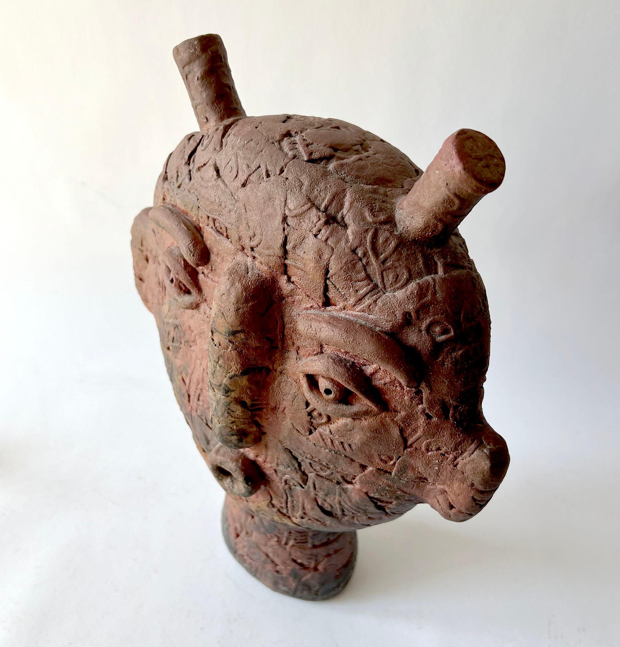 American Louis Mendez Hand Made Symbolic Stoneware Head Sculpture