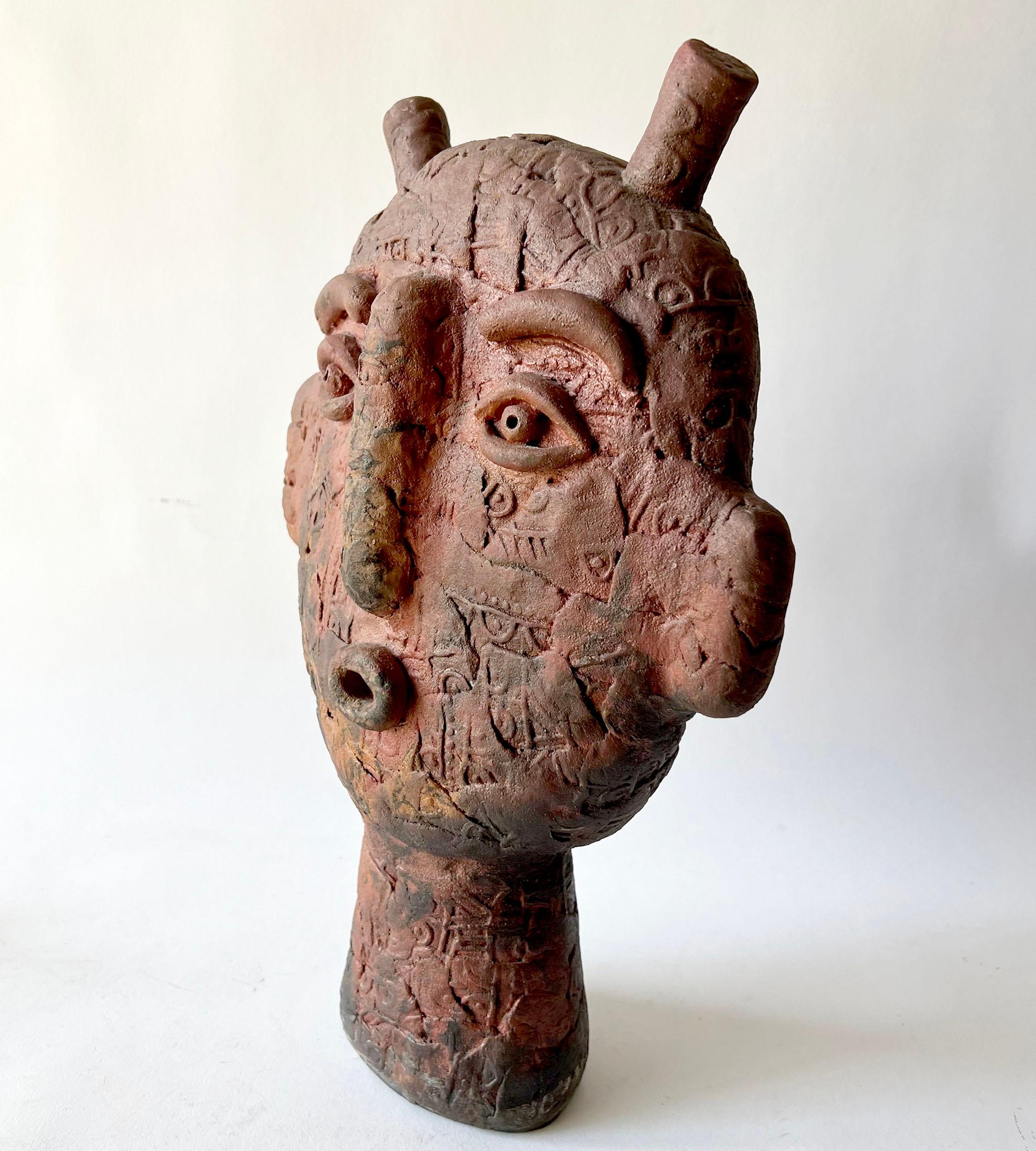 Hand-Crafted Louis Mendez Hand Made Symbolic Stoneware Head Sculpture