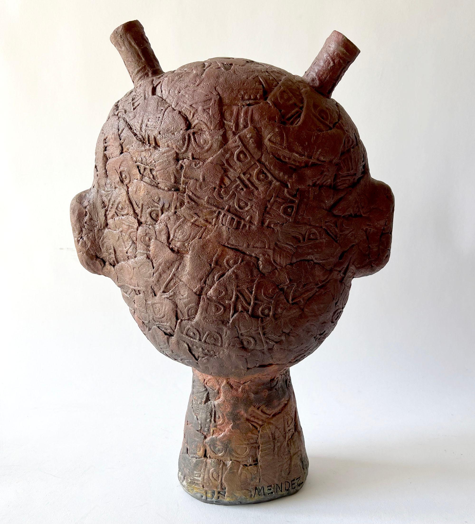 Louis Mendez Hand Made Symbolic Stoneware Head Sculpture In Good Condition In Palm Springs, CA