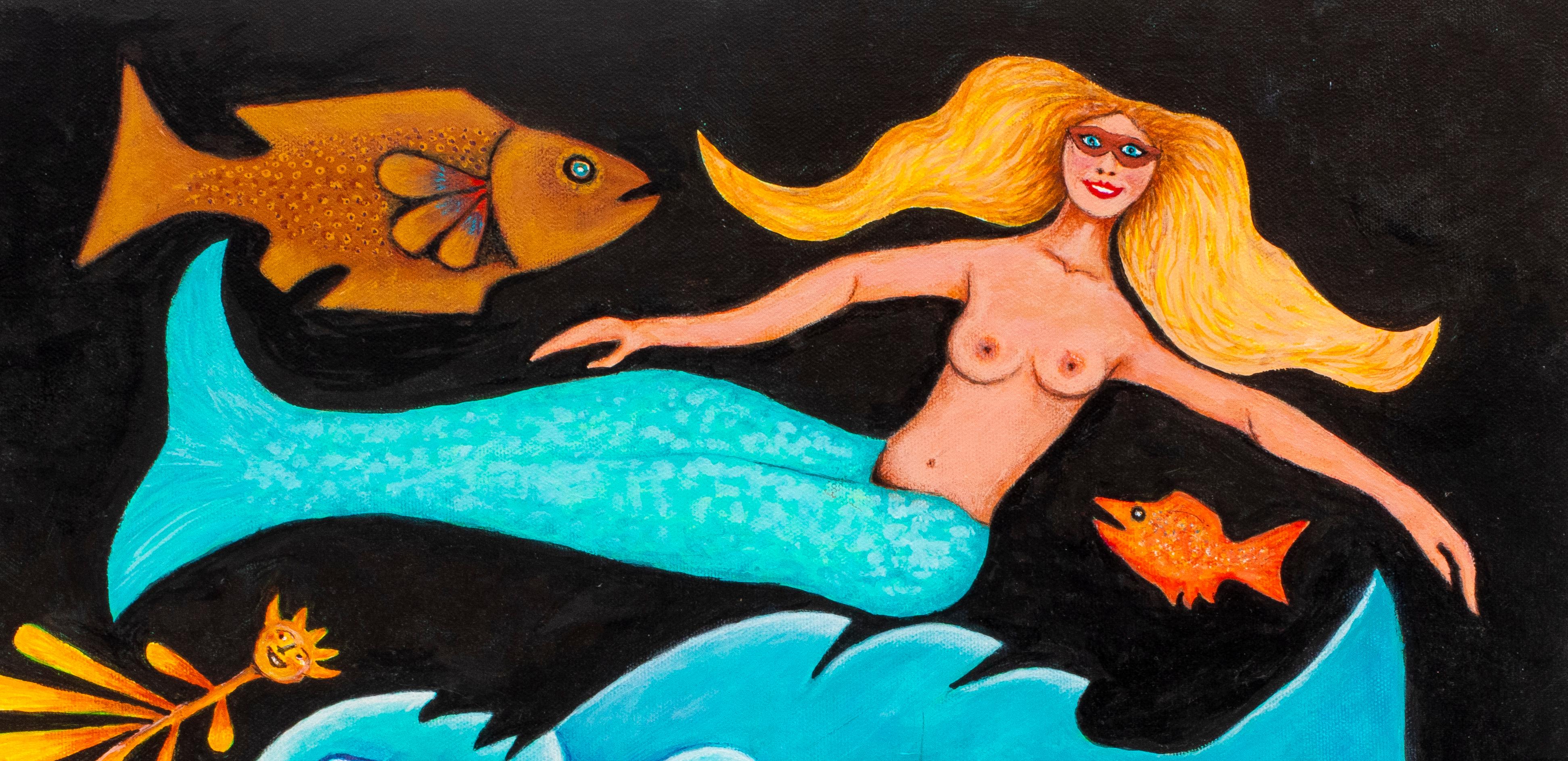 Louis Mendez (American, 1929-2012) acrylic on canvas painting depicting whimsical creatures including a blonde mermaid, titled 