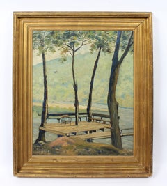 Antique American Modernist Landscape Tranquil River View Original Oil Painting