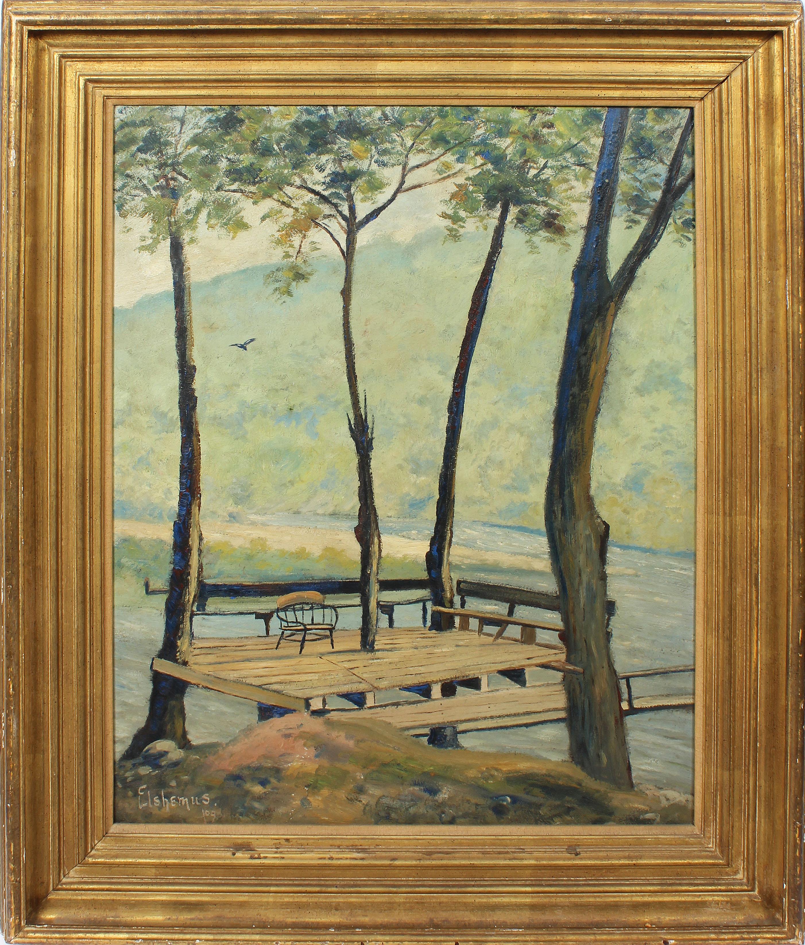 Louis Michel Eilshemius Landscape Painting - Antique American Modernist Landscape Tranquil River View Original Oil Painting