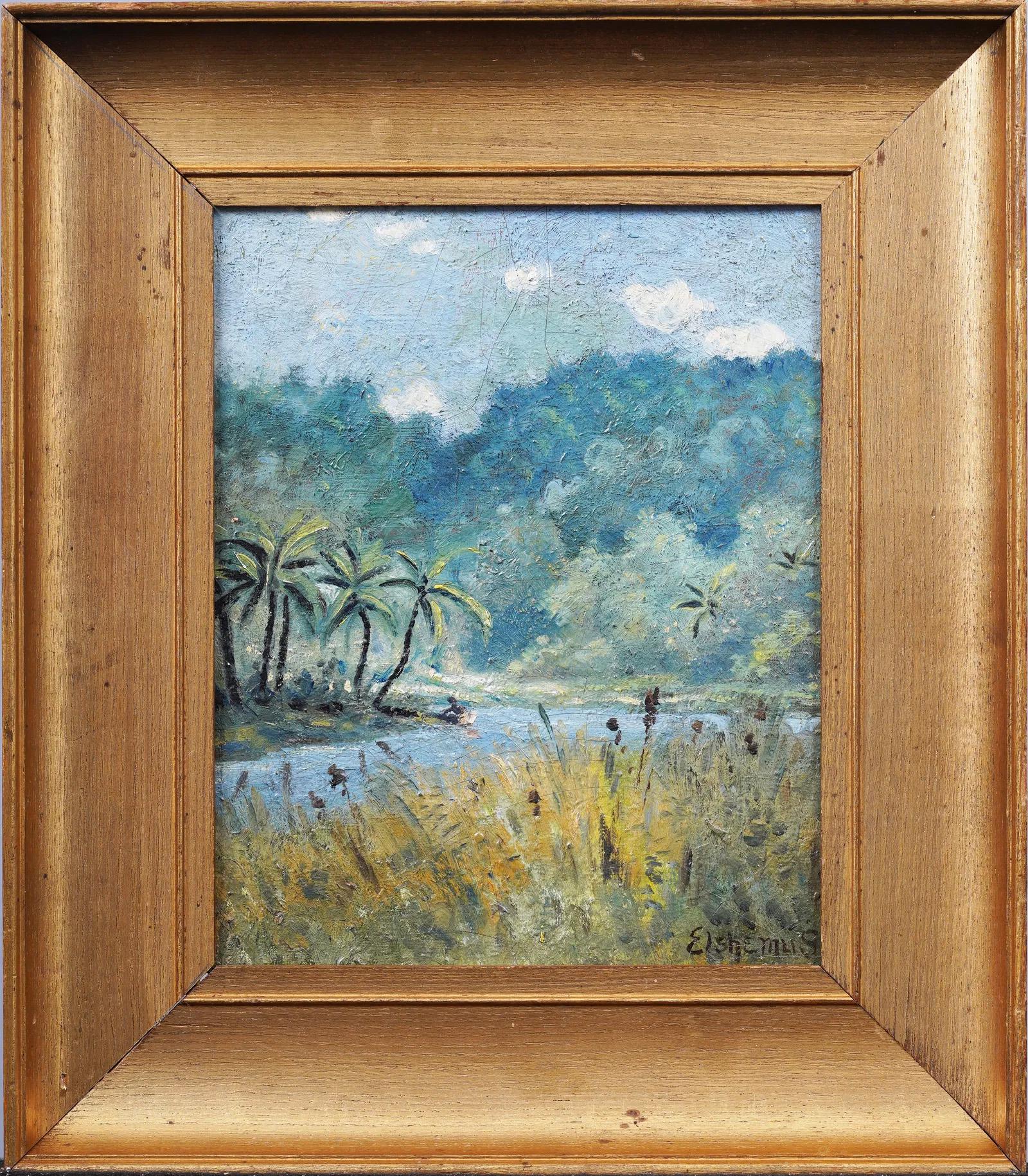 Antique American Modernist Tropical Palm Tree Samoan Beach Landscape Painting For Sale 1