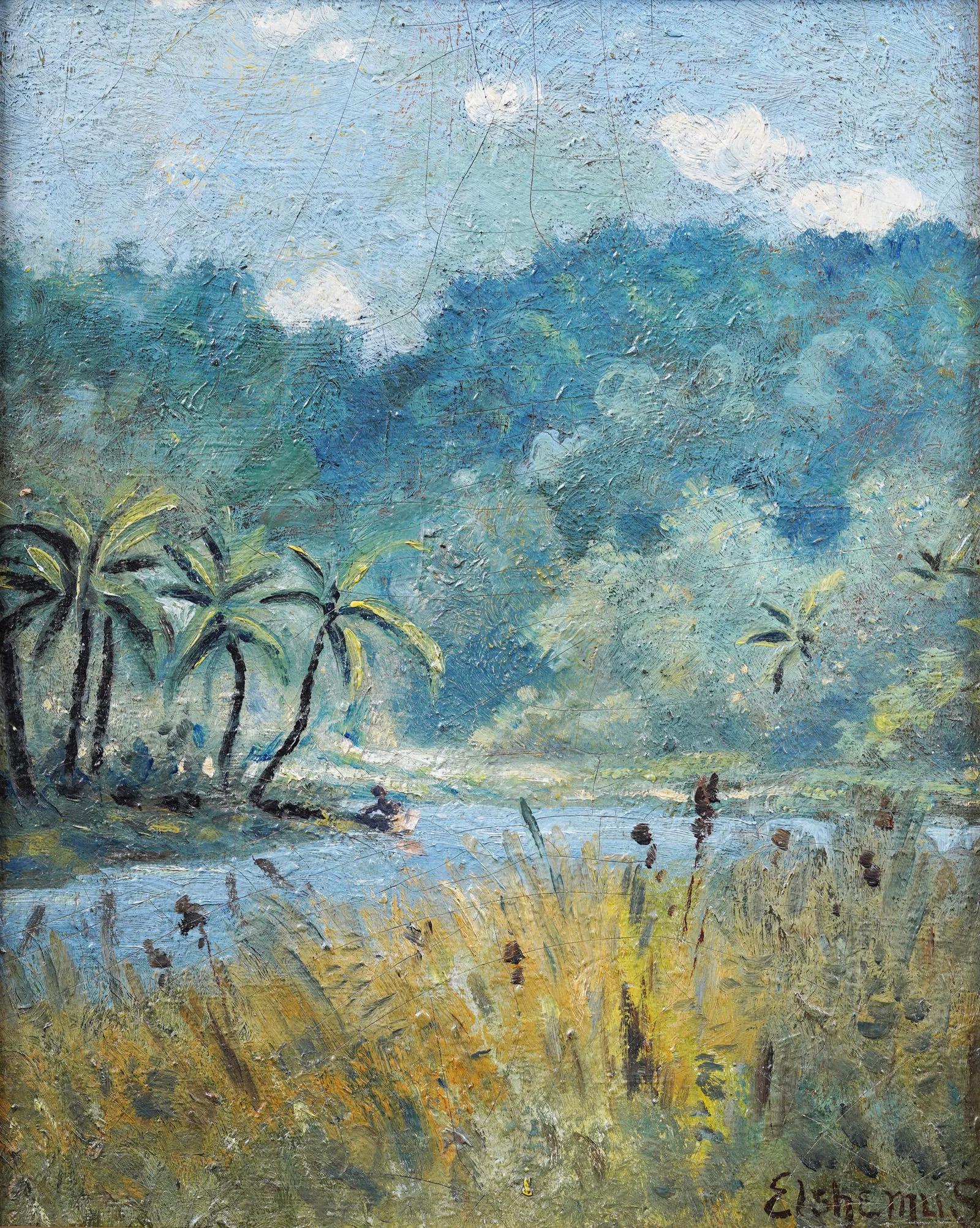 Antique American Modernist Tropical Palm Tree Samoan Beach Landscape Painting For Sale 2