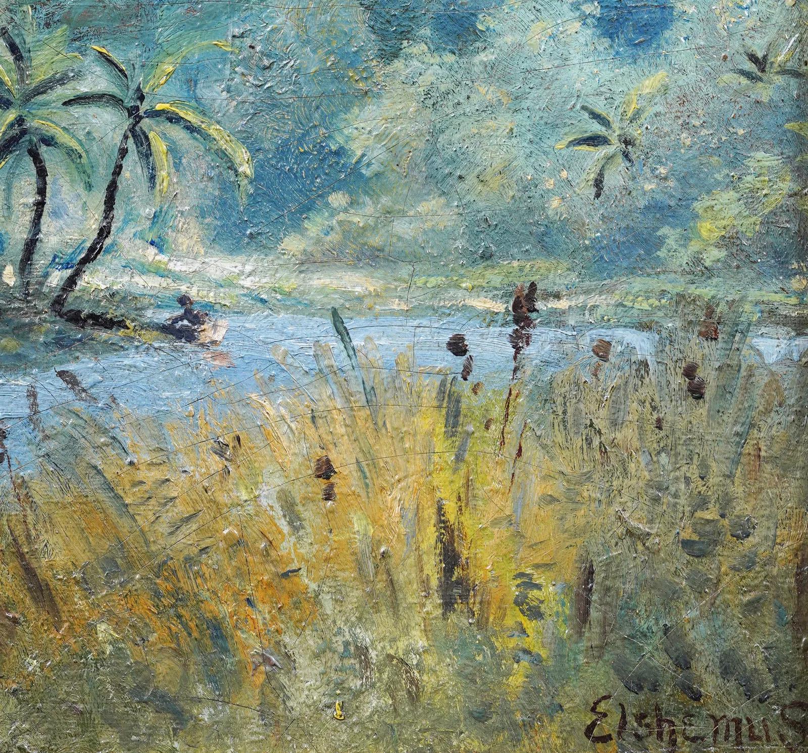 Antique American Modernist Tropical Palm Tree Samoan Beach Landscape Painting For Sale 3