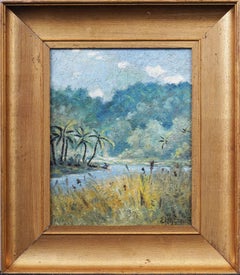 Antique American Modernist Tropical Palm Tree Samoan Beach Landscape Painting