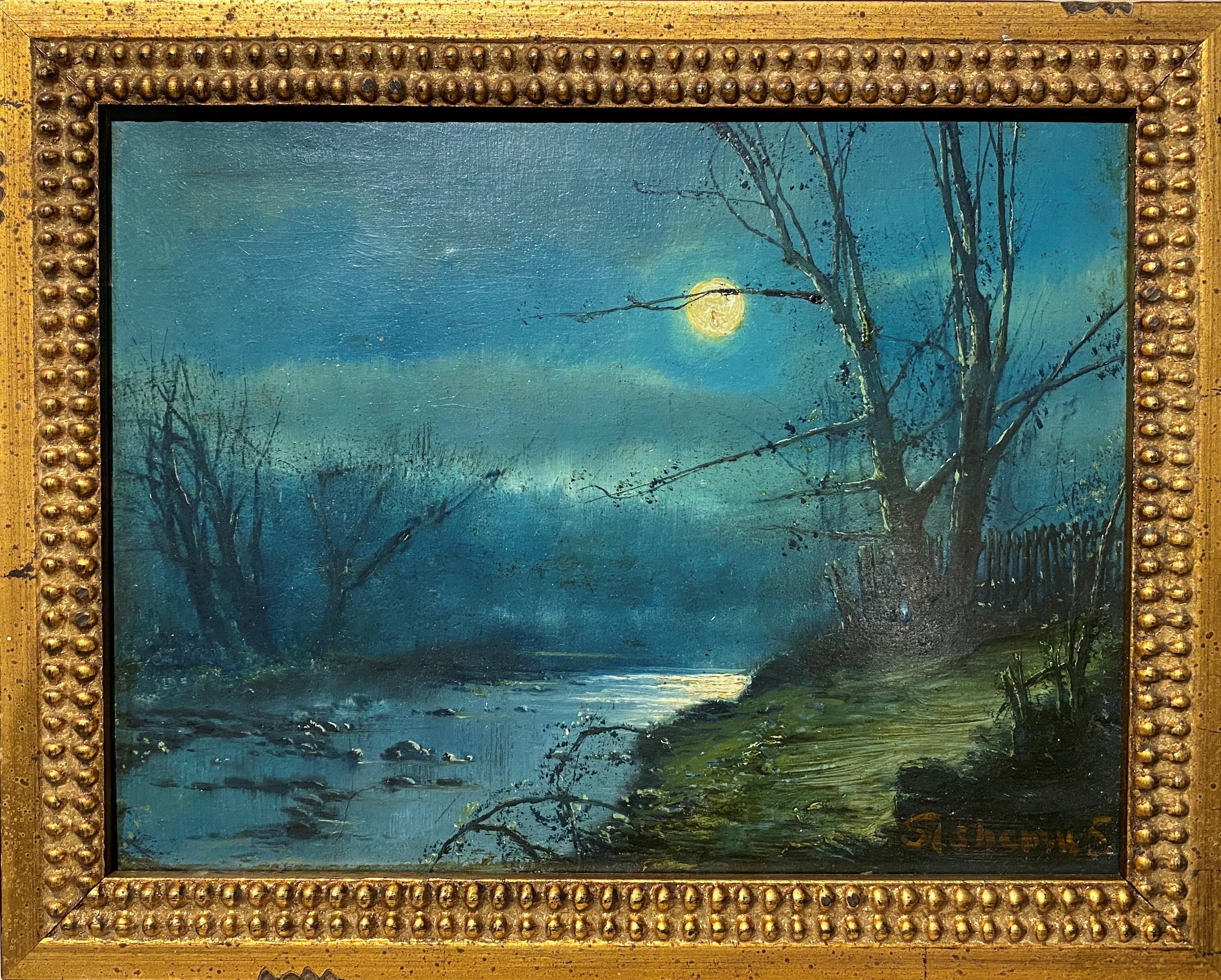 Louis Michel Eilshemius Landscape Painting - Moonlight Landscape with Stream