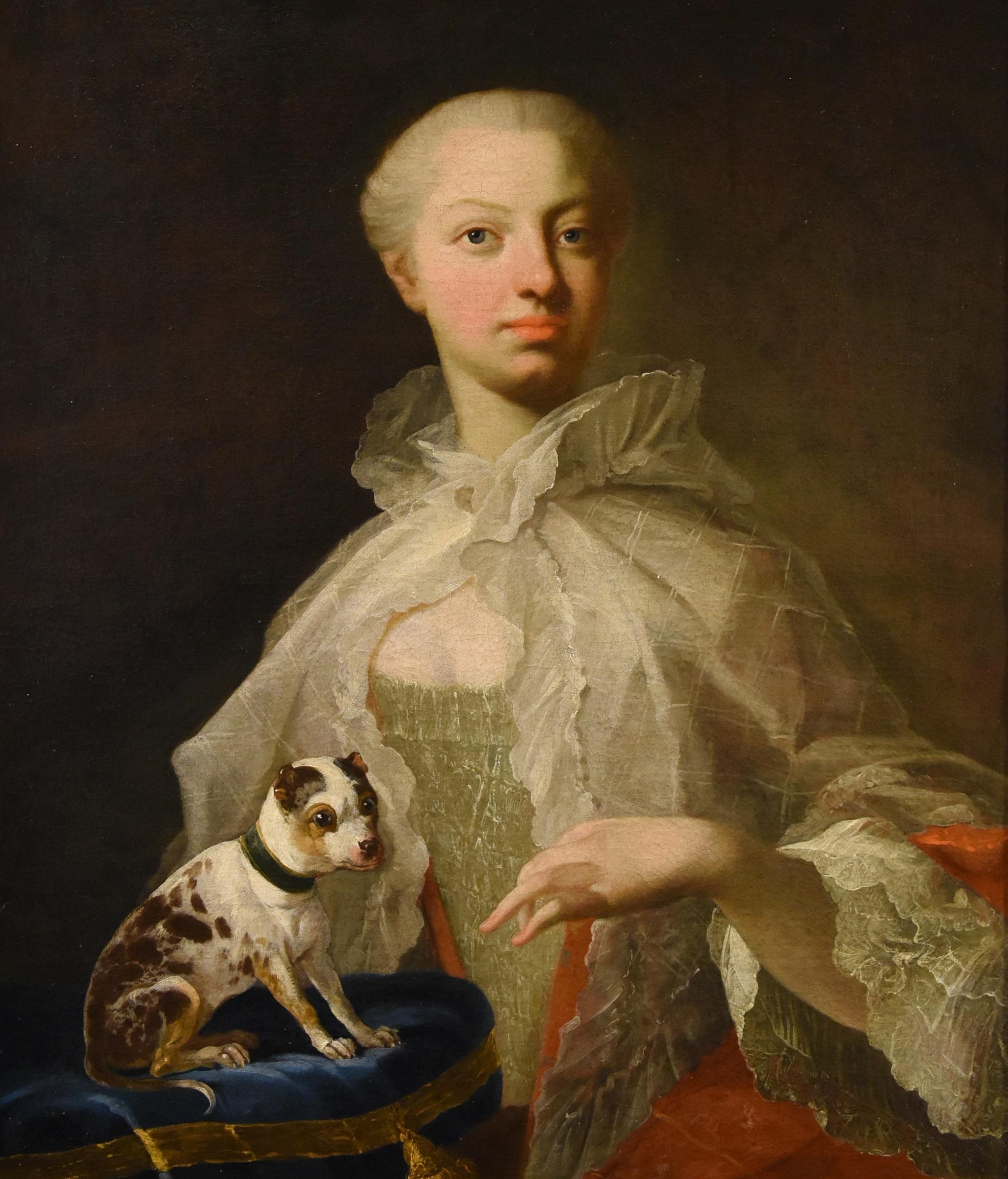 Portrait Noblewoman Dog Van Loo Paint 18th Century Oil on canvas Old master Art - Painting by Louis Michel Van Loo (toulon 1707- Paris 1771)