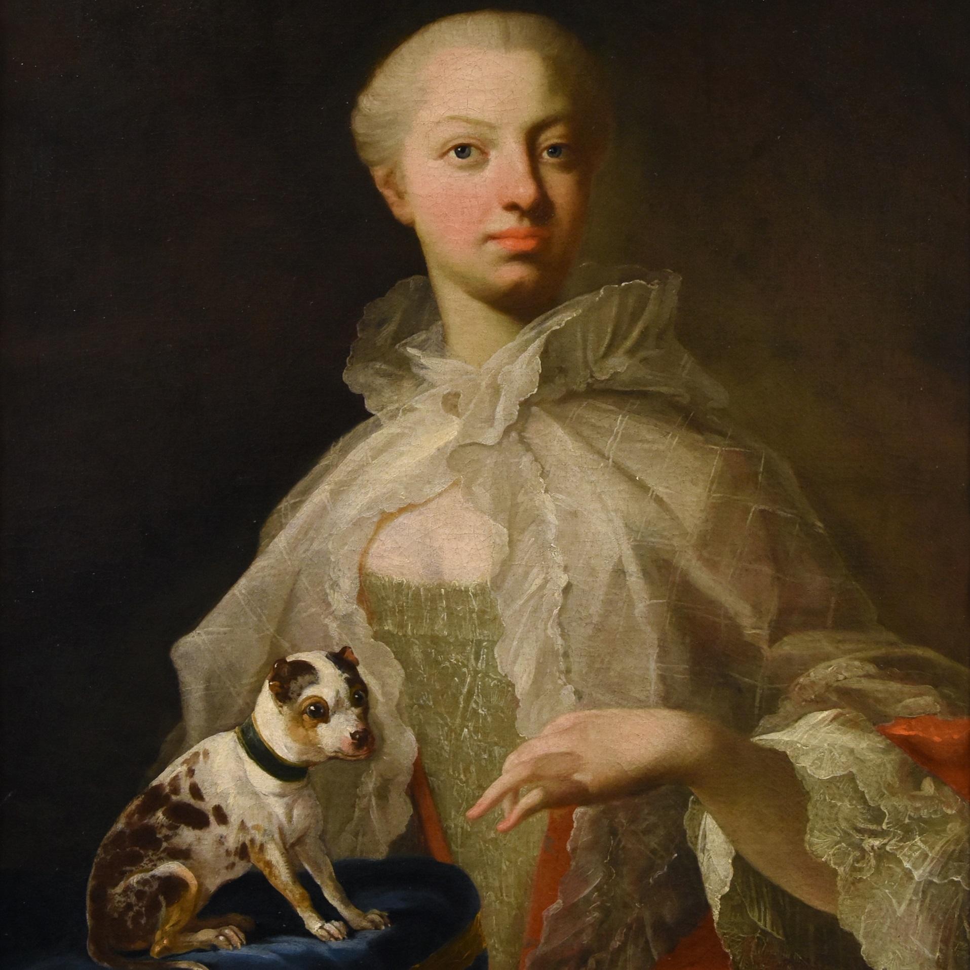 Portrait Noblewoman Dog Van Loo Peinture 18ème siècle Huile sur toile Grand maître Art - Maîtres anciens Painting par Louis Michel Van Loo (toulon 1707- Paris 1771)