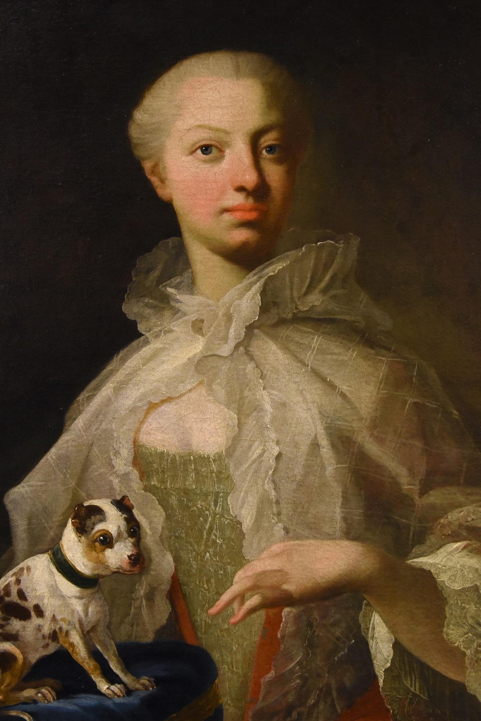 Retrato Noble Mujer Perro Van Loo Pintura Siglo XVIII Óleo sobre lienzo Arte antiguo maestro - Portrait Painting Marrón de Louis Michel Van Loo (toulon 1707- Paris 1771)