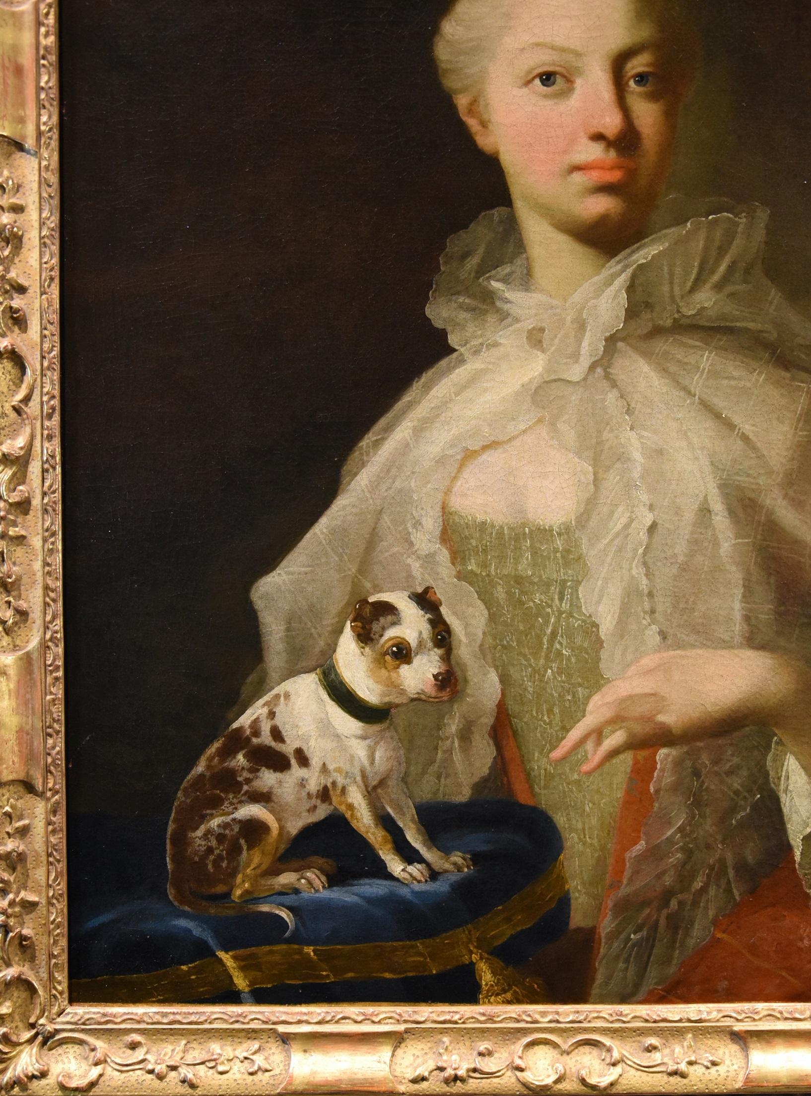 Portrait Noblewoman Dog Van Loo Peinture 18ème siècle Huile sur toile Grand maître Art en vente 1