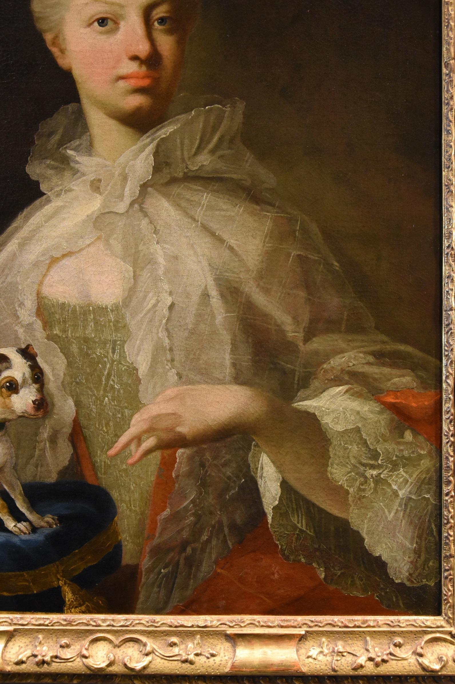 Portrait Noblewoman Dog Van Loo Paint 18th Century Oil on canvas Old master Art - Old Masters Painting by Louis Michel Van Loo (toulon 1707- Paris 1771)