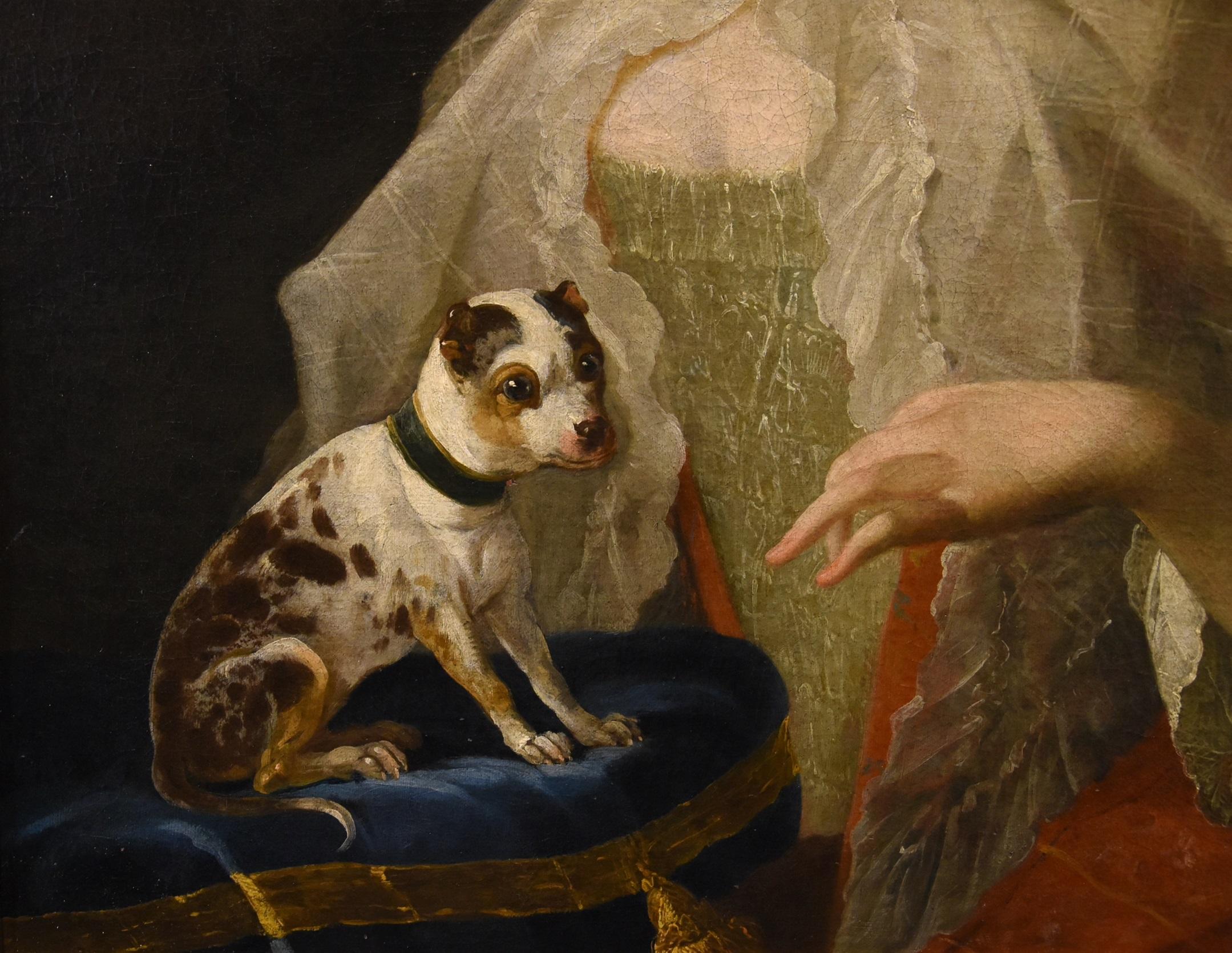 Portrait Noblewoman Dog Van Loo Paint 18th Century Oil on canvas Old master Art For Sale 1