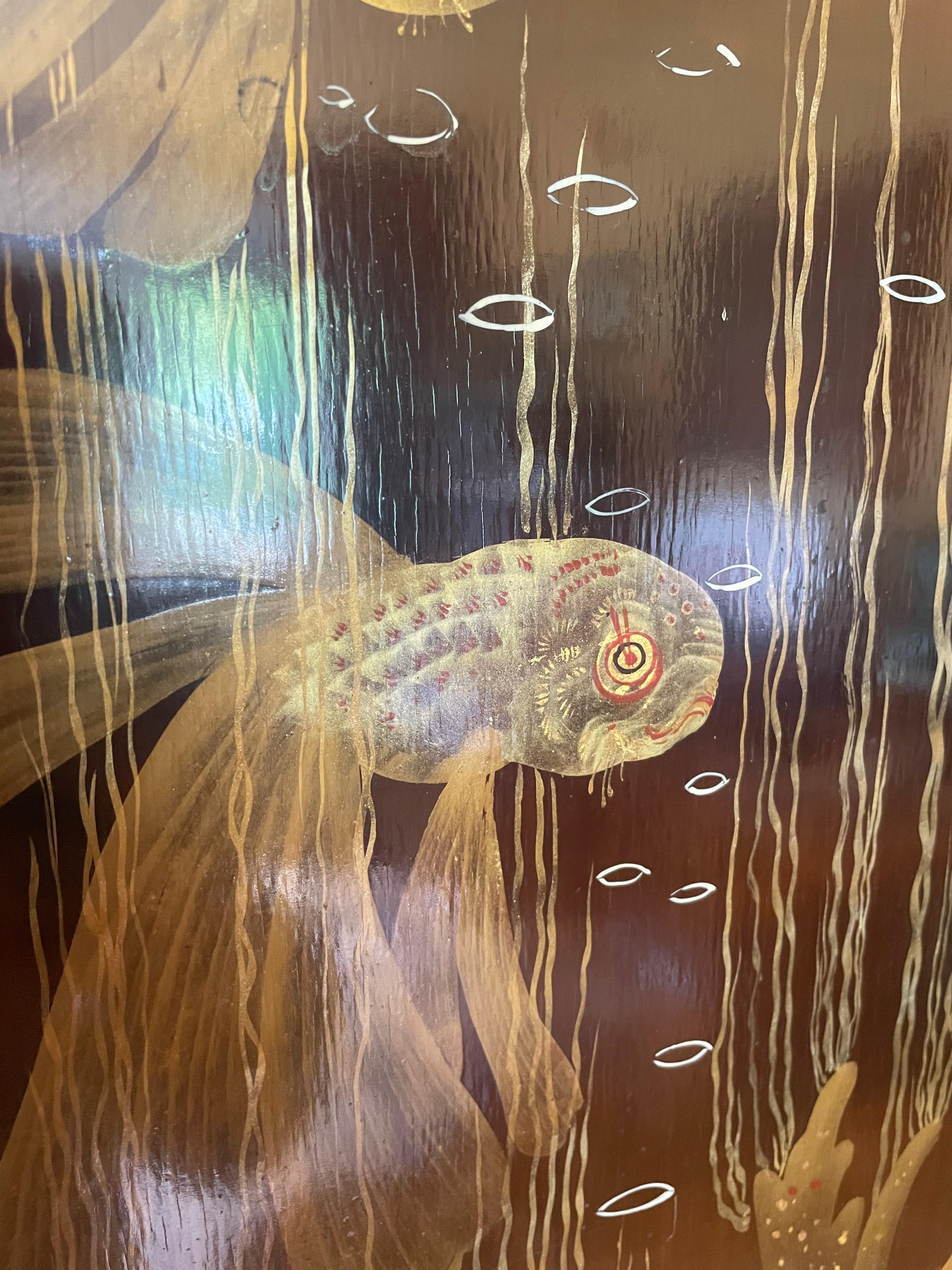 Louis Midavaine. Lacquered Art Déco wood panel  with exotic fish. France 1920s. For Sale 3