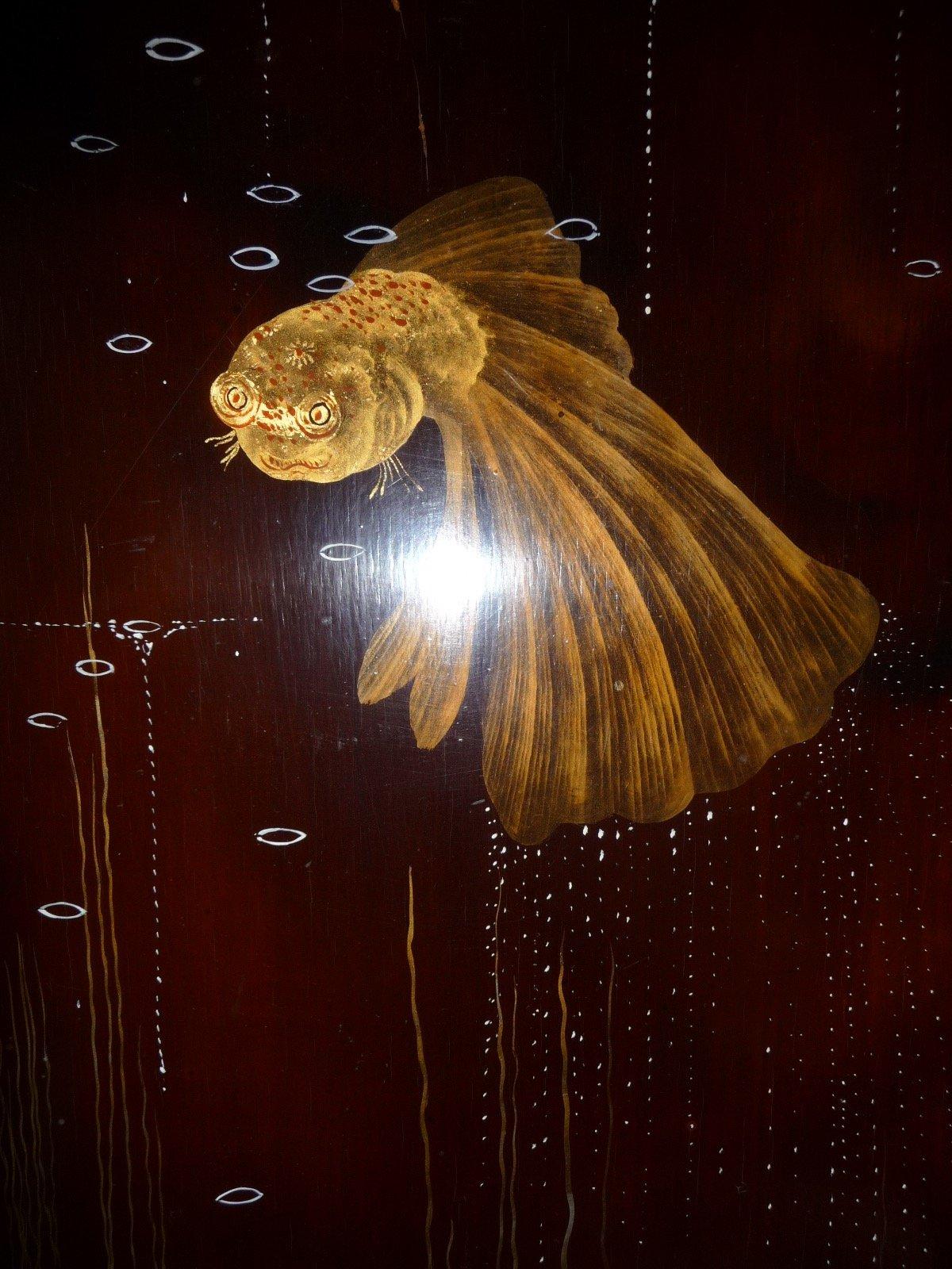 Louis Midavaine. Lacquered Art Déco wood panel  with exotic fish. France 1920s. In Good Condition For Sale In Köln, NW