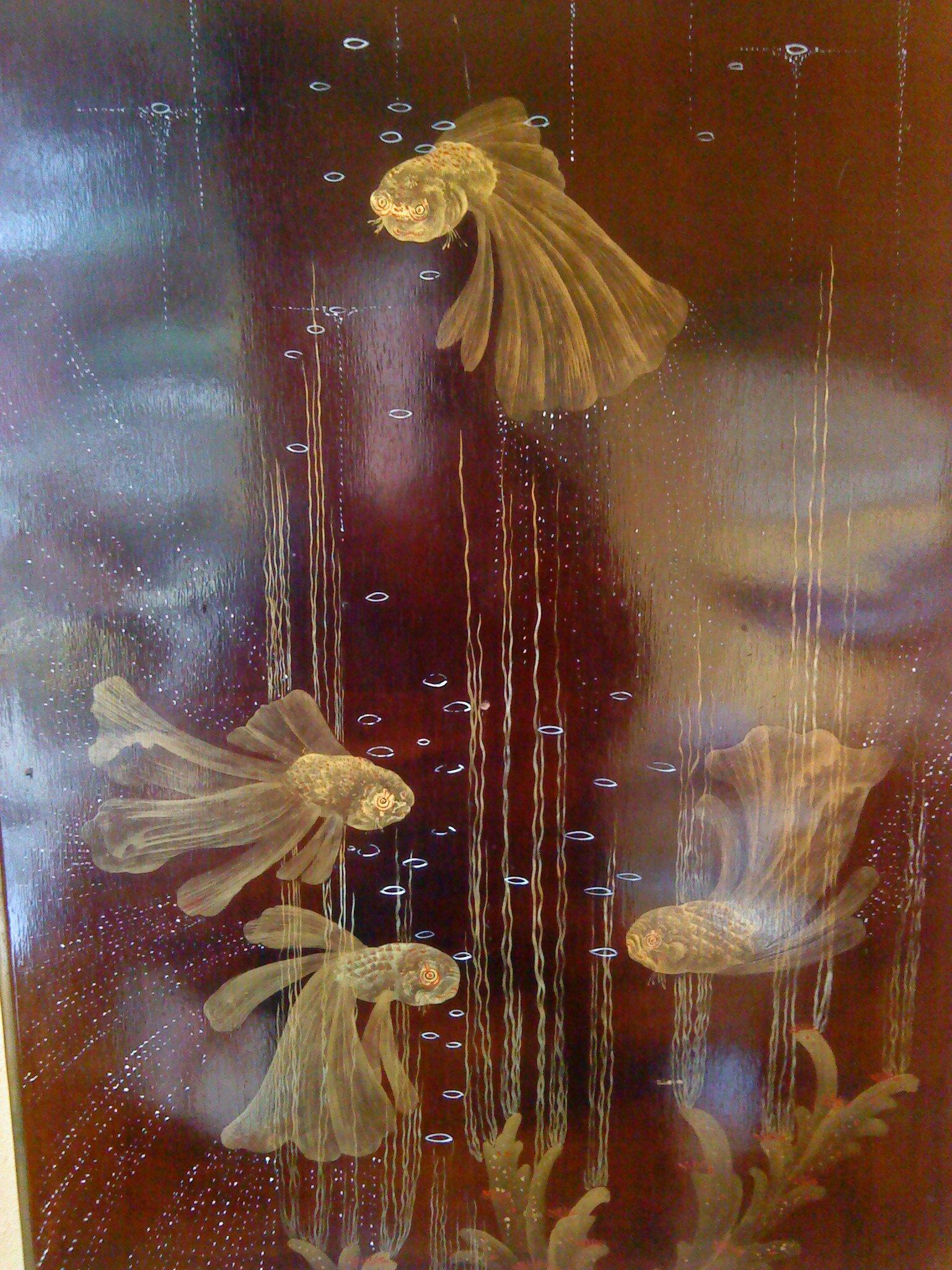 Early 20th Century Louis Midavaine. Lacquered Art Déco wood panel  with exotic fish. France 1920s. For Sale