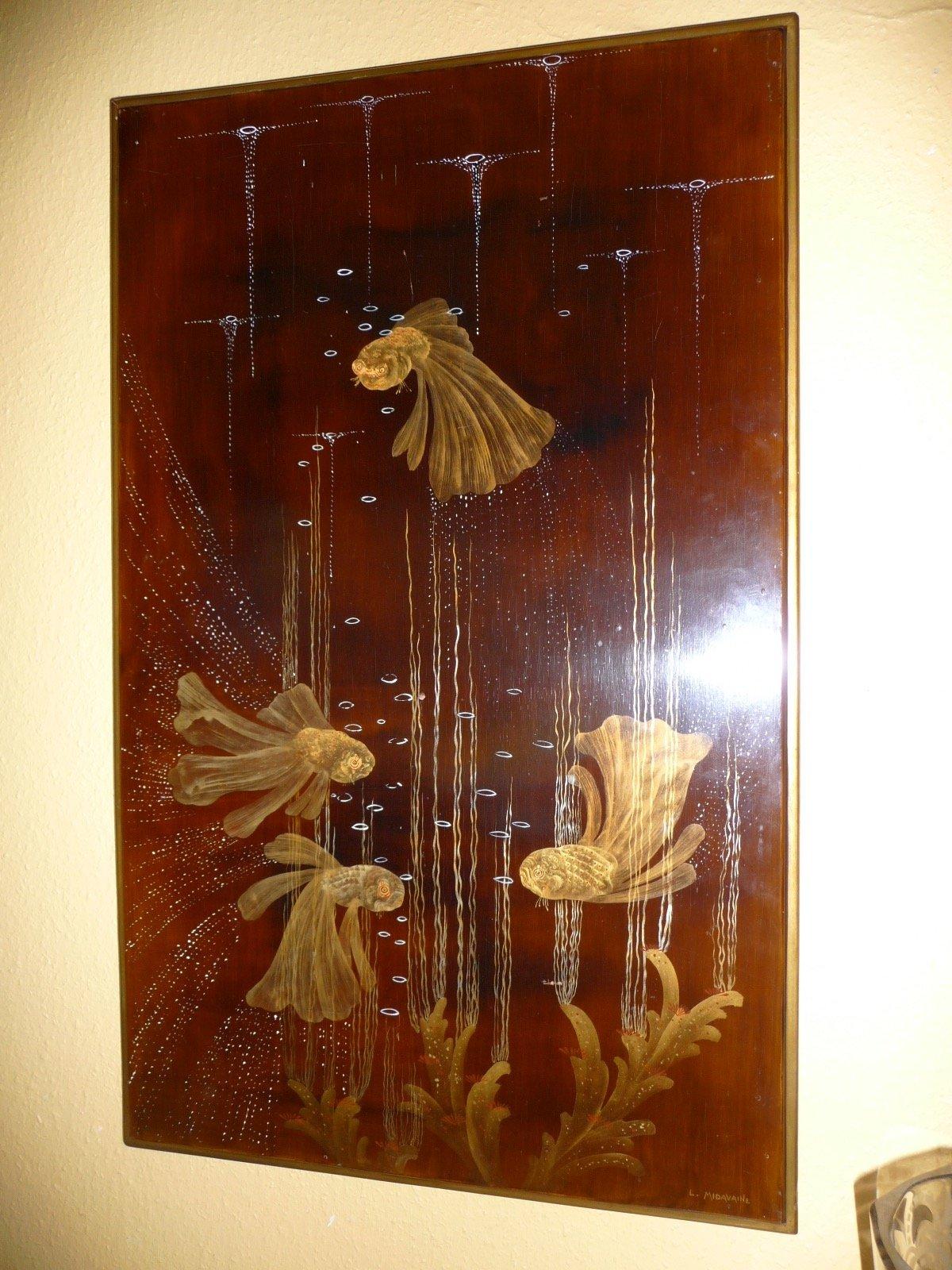 Wood Louis Midavaine. Lacquered Art Déco wood panel  with exotic fish. France 1920s. For Sale
