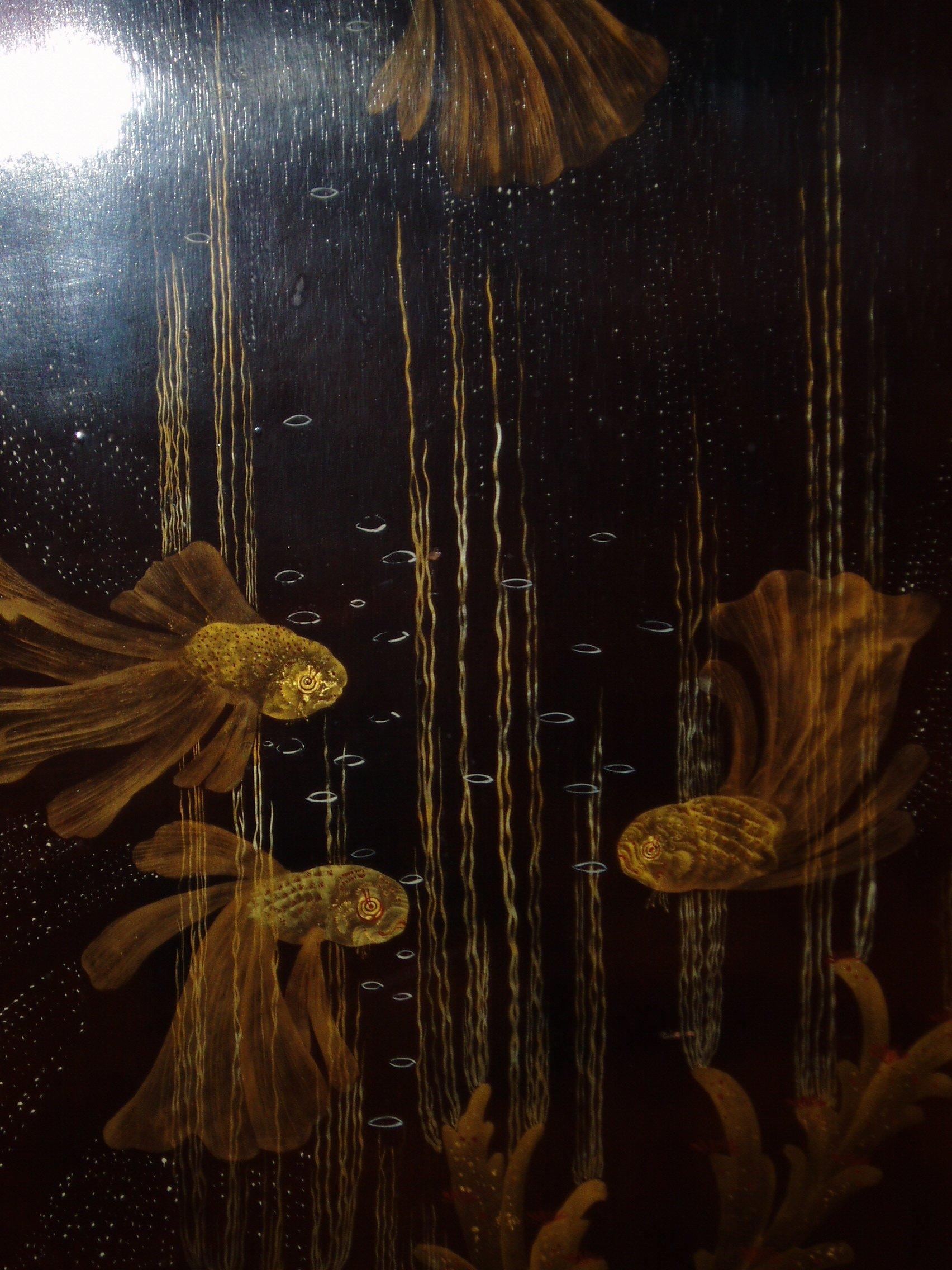 Louis Midavaine. Lacquered Art Déco wood panel  with exotic fish. France 1920s. For Sale 2