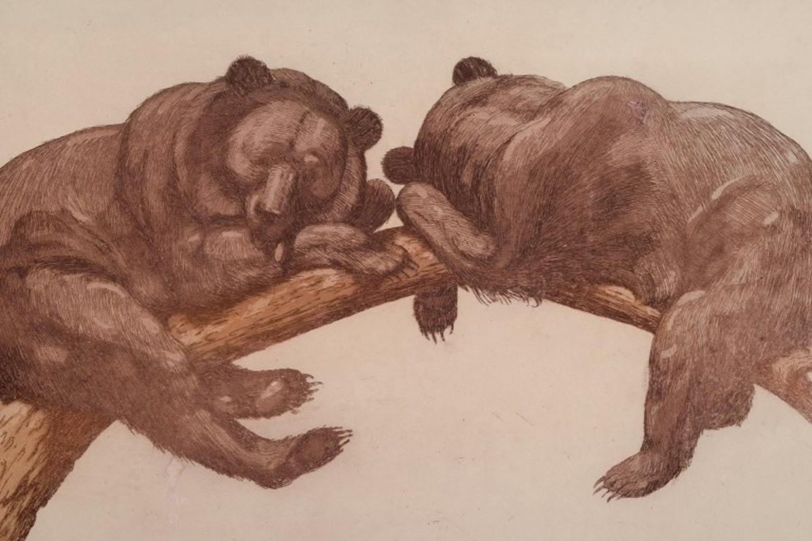 Louis Moe, well listed Norwegian artist. Etching on paper. Two resting bears. In Excellent Condition For Sale In Copenhagen, DK