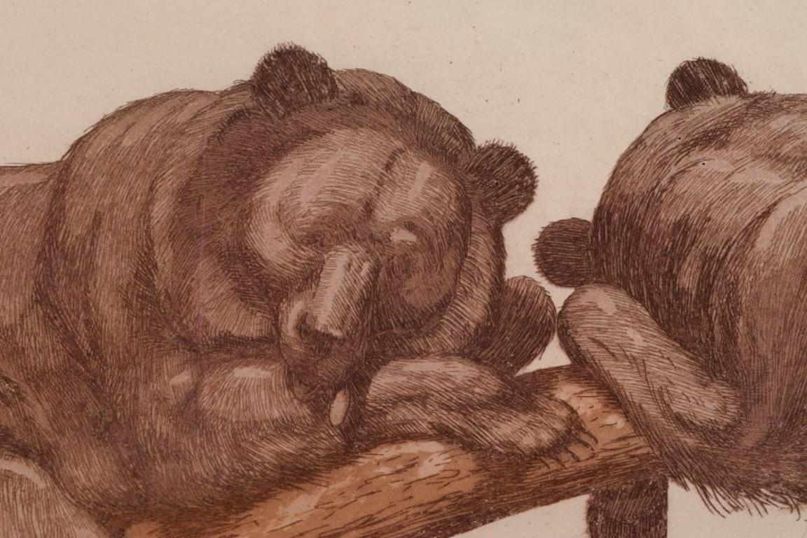 20th Century Louis Moe, well listed Norwegian artist. Etching on paper. Two resting bears. For Sale