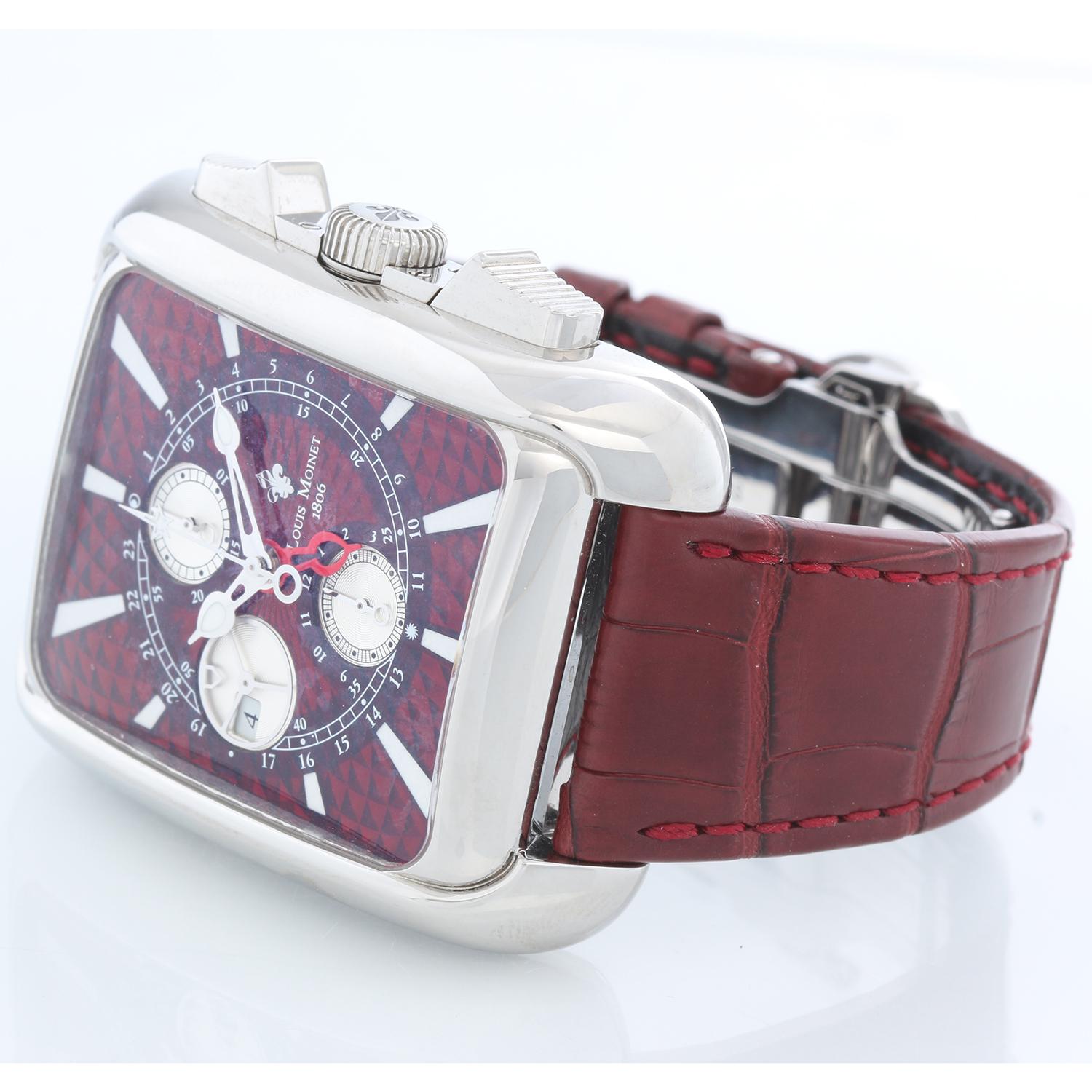 Louis Moinet Men's 40mm Twintech Automatic GMT Men's Watch LM.162.10.12 - Automatic winding. Stainless steel ( 40 mm ). Red hologram dial with 3 subdials; GMT function, date at 9 o'clock. Burgundy leather strap with Louis Moinet Deployant clasp.