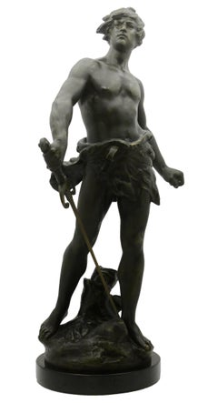 Louis Moreau Signed Statue of Young Soldier with Sword, Spelter, Marble, 1900s