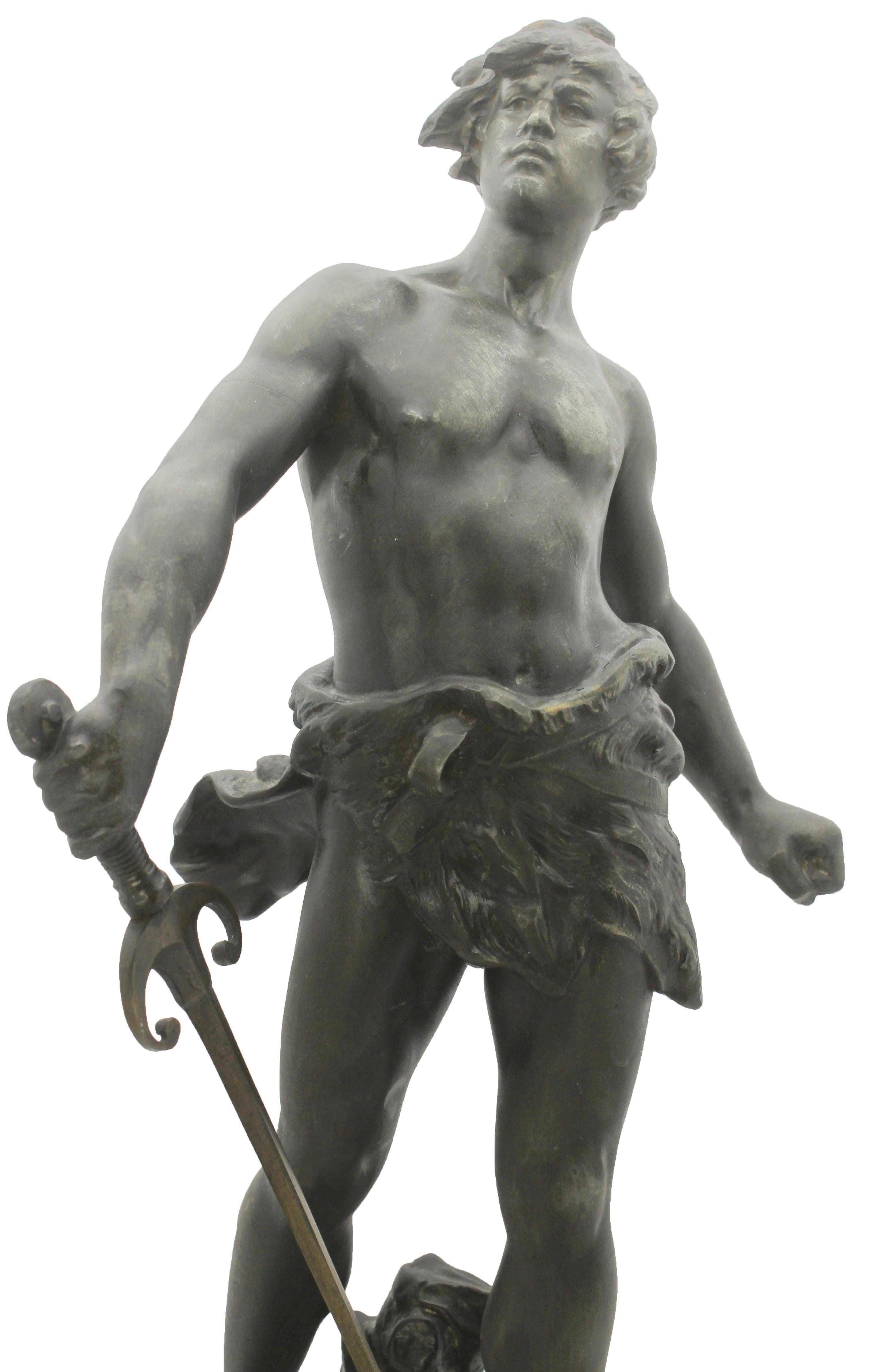 Art Nouveau Louis Moreau Signed Statue of Young Soldier with Sword, Spelter, Marble, 1900s