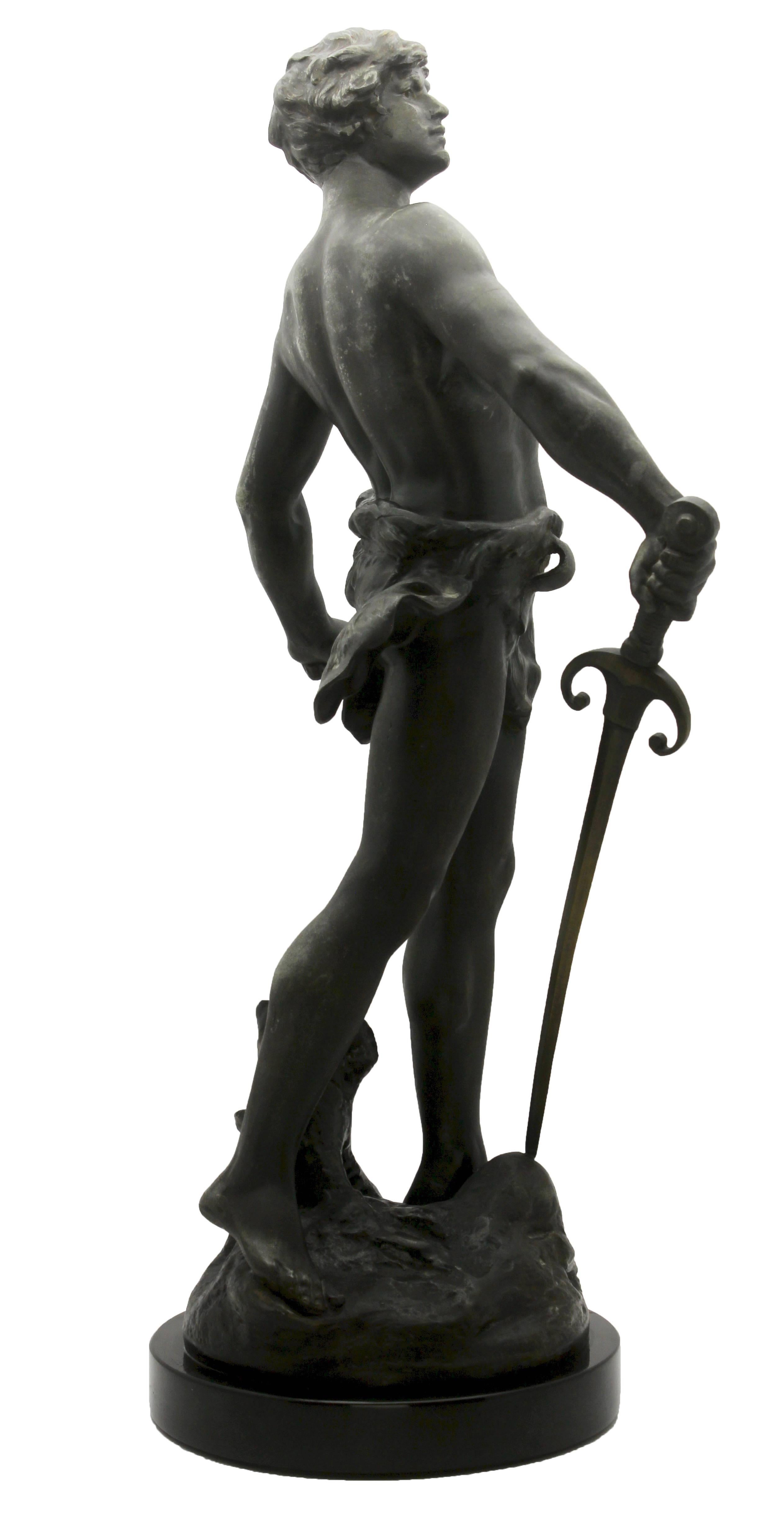 French Louis Moreau Signed Statue of Young Soldier with Sword, Spelter, Marble, 1900s
