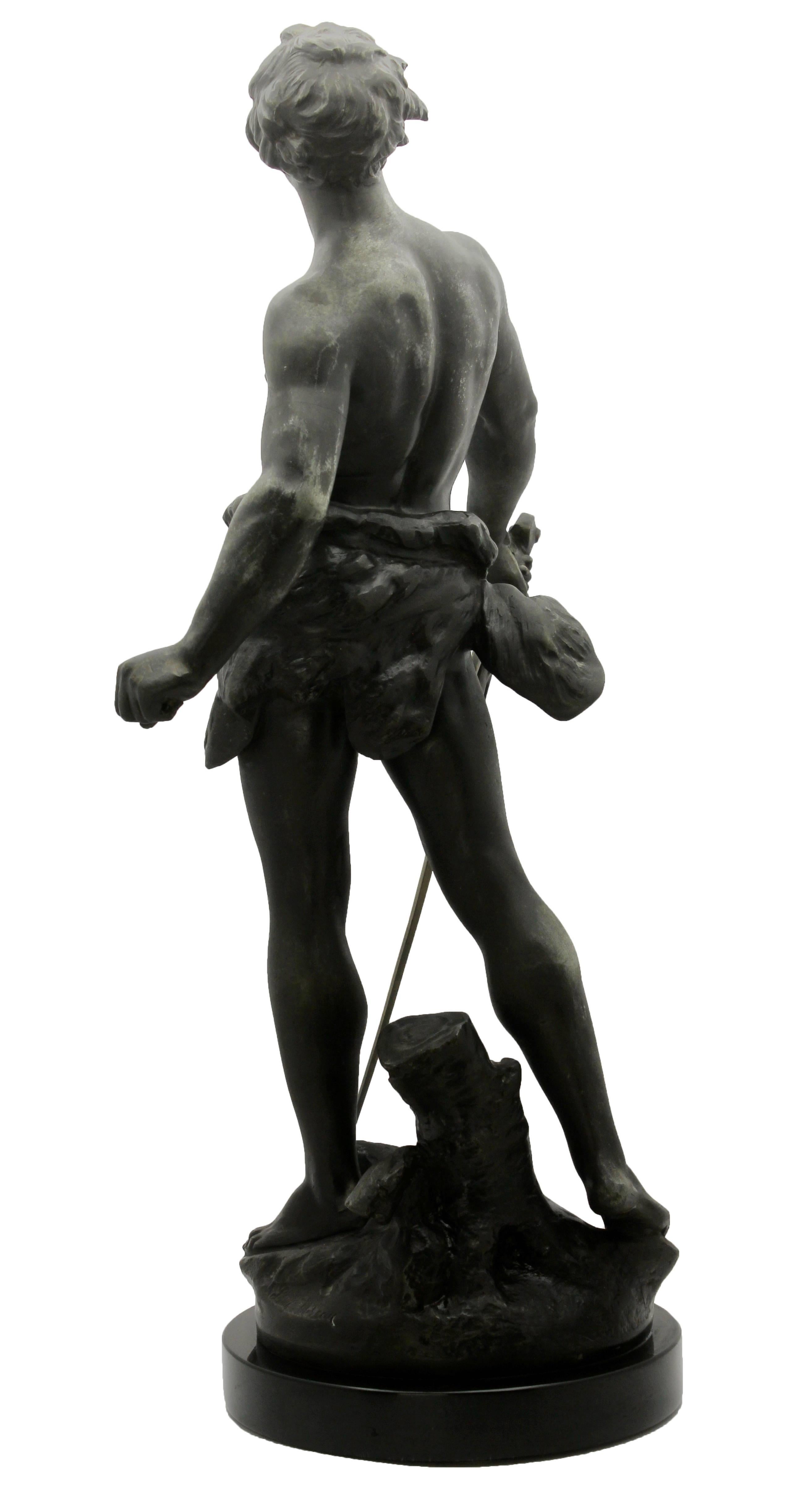 Hand-Crafted Louis Moreau Signed Statue of Young Soldier with Sword, Spelter, Marble, 1900s