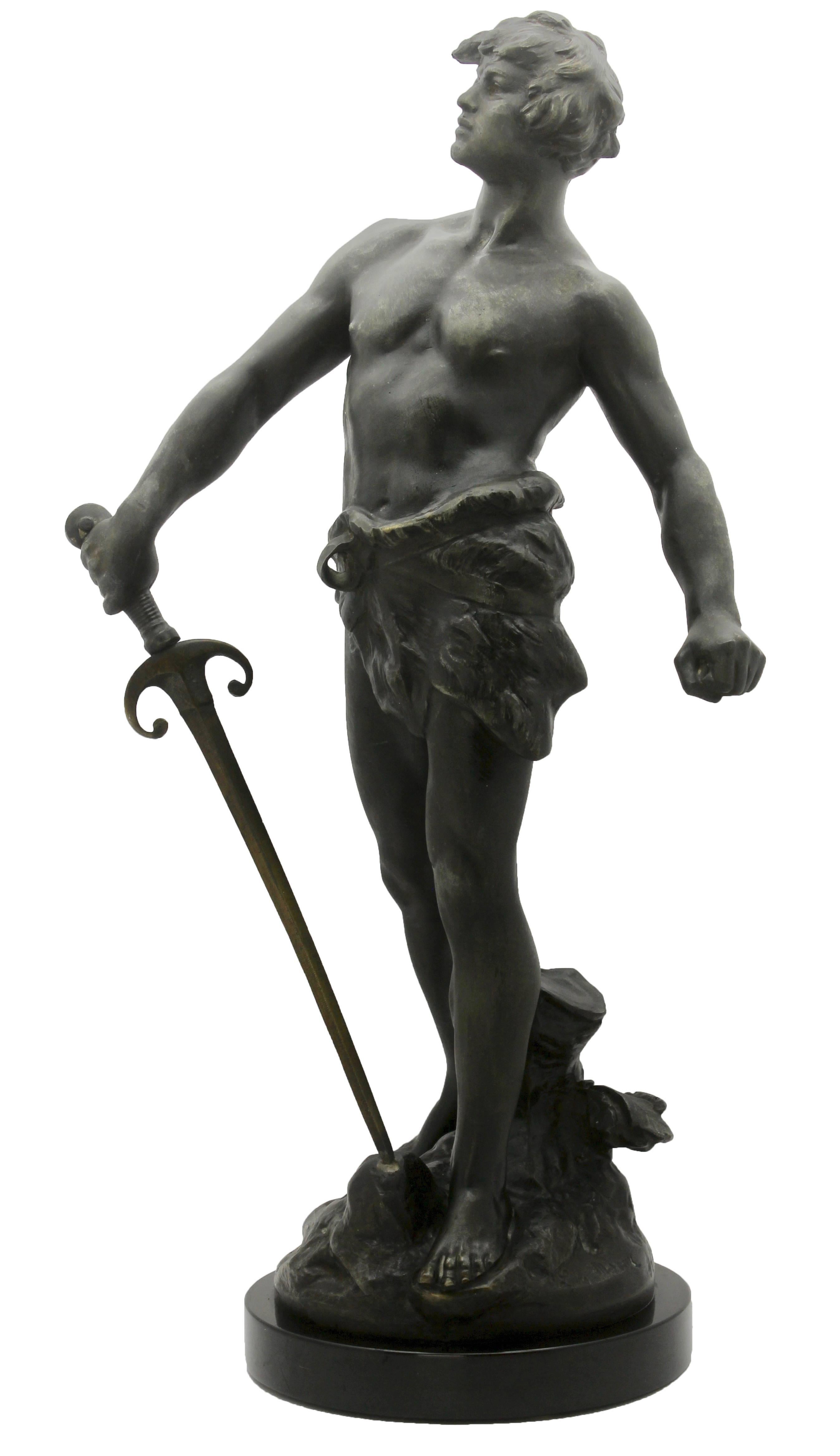Louis Moreau Signed Statue of Young Soldier with Sword, Spelter, Marble, 1900s In Excellent Condition In Verviers, BE