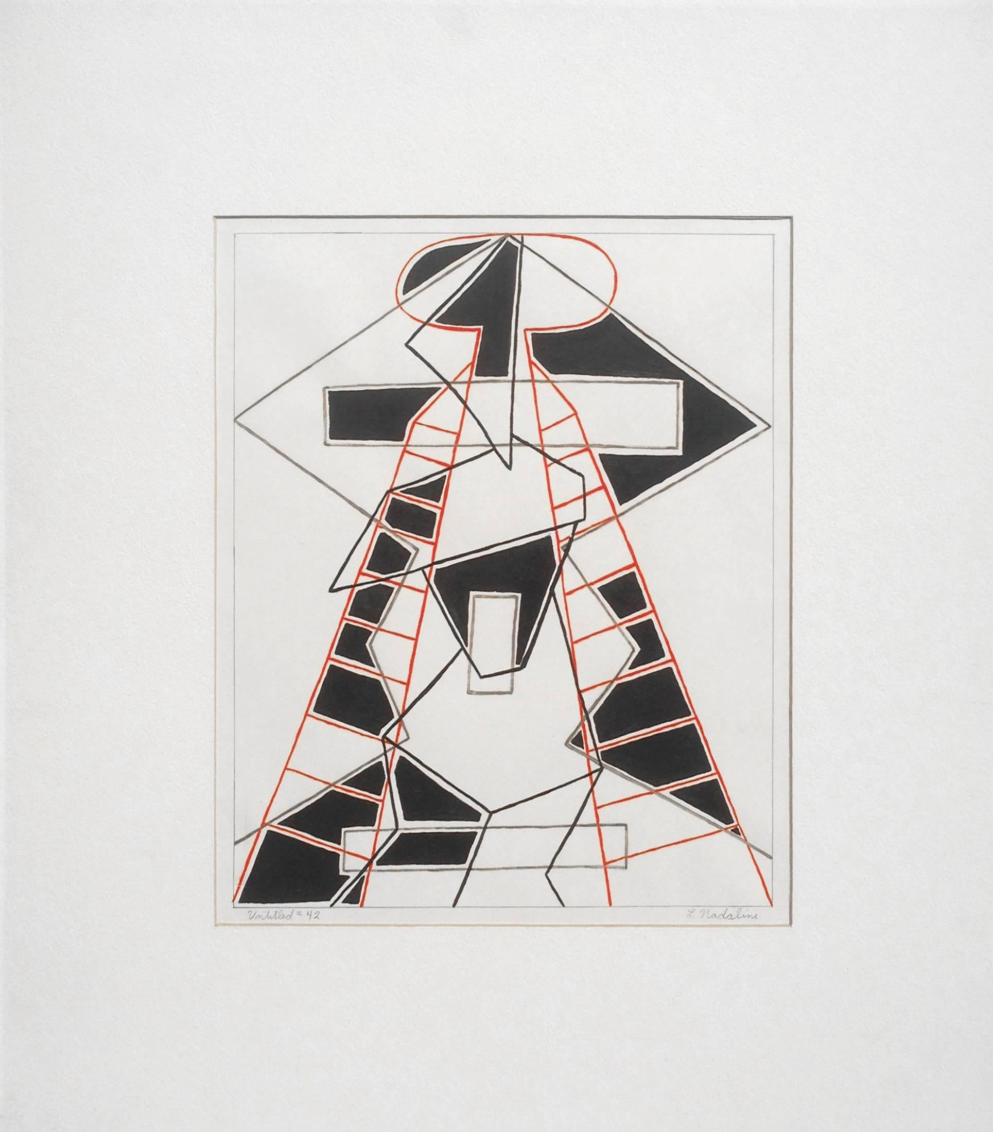 Abstrakte, dimensionale indische Tuschezeichnungen in Schwarz und Rot, Paar  (Abstrakter Expressionismus), Art, von Louis Nadalini
