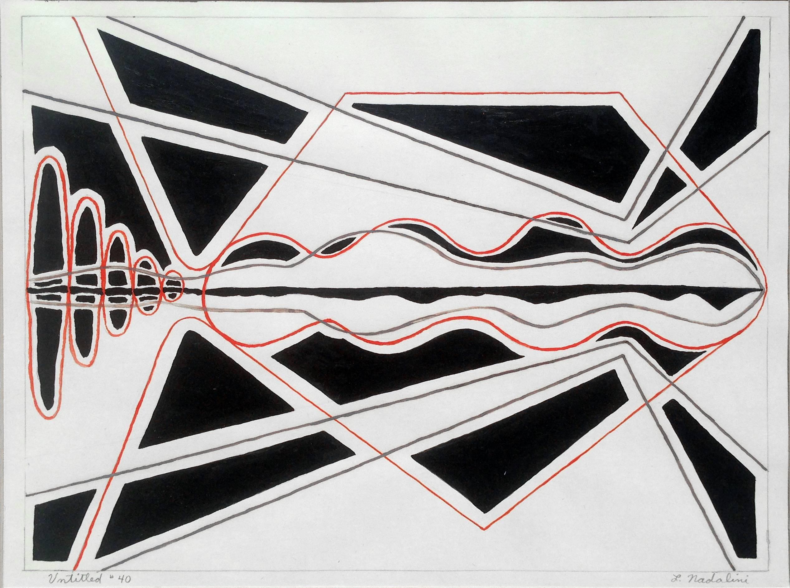Abstrakte, dimensionale indische Tuschezeichnungen in Schwarz und Rot, Paar  (Grau), Abstract Drawing, von Louis Nadalini