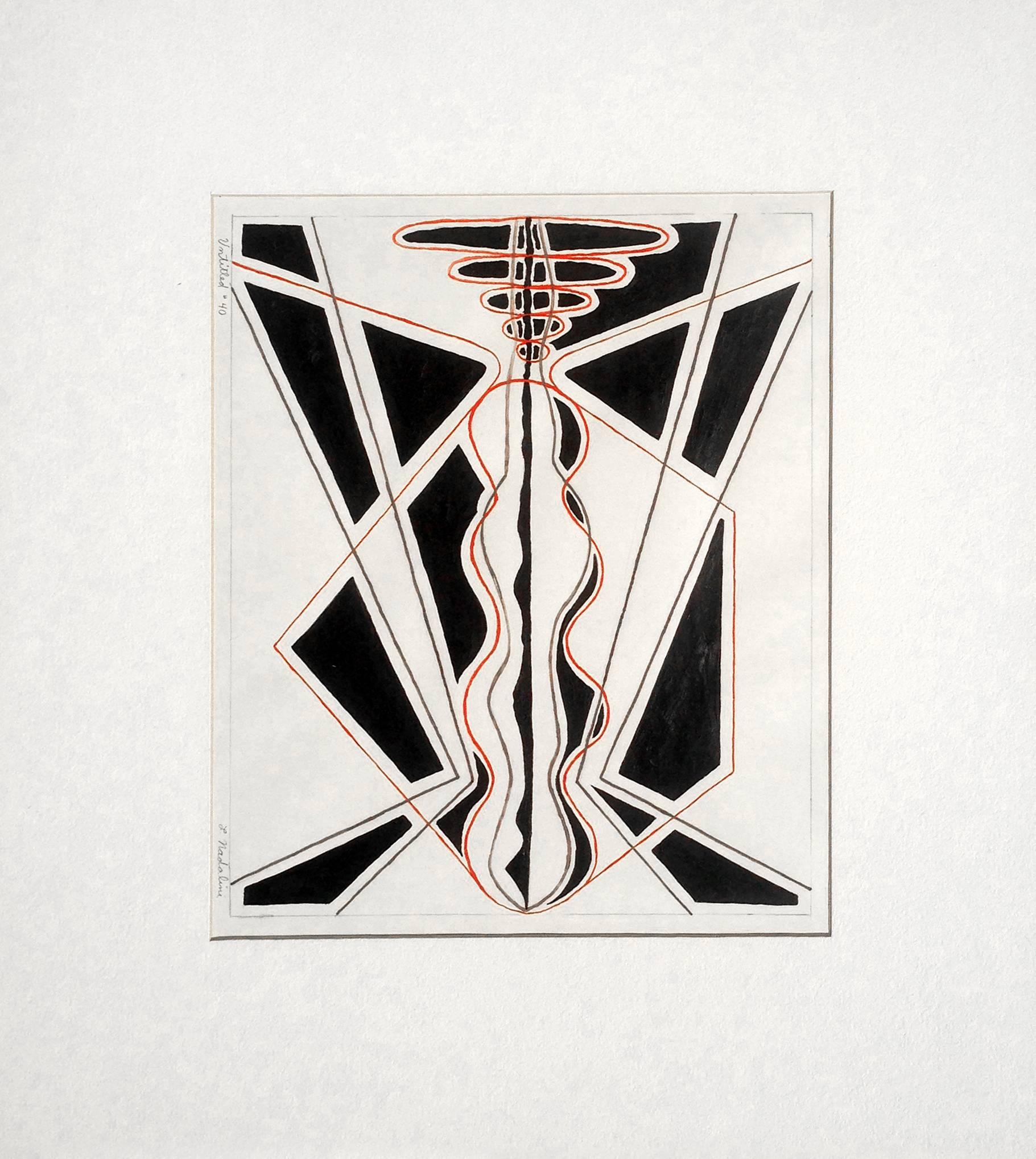 Louis Nadalini Abstract Drawing – Abstrakte, dimensionale indische Tuschezeichnungen in Schwarz und Rot, Paar 