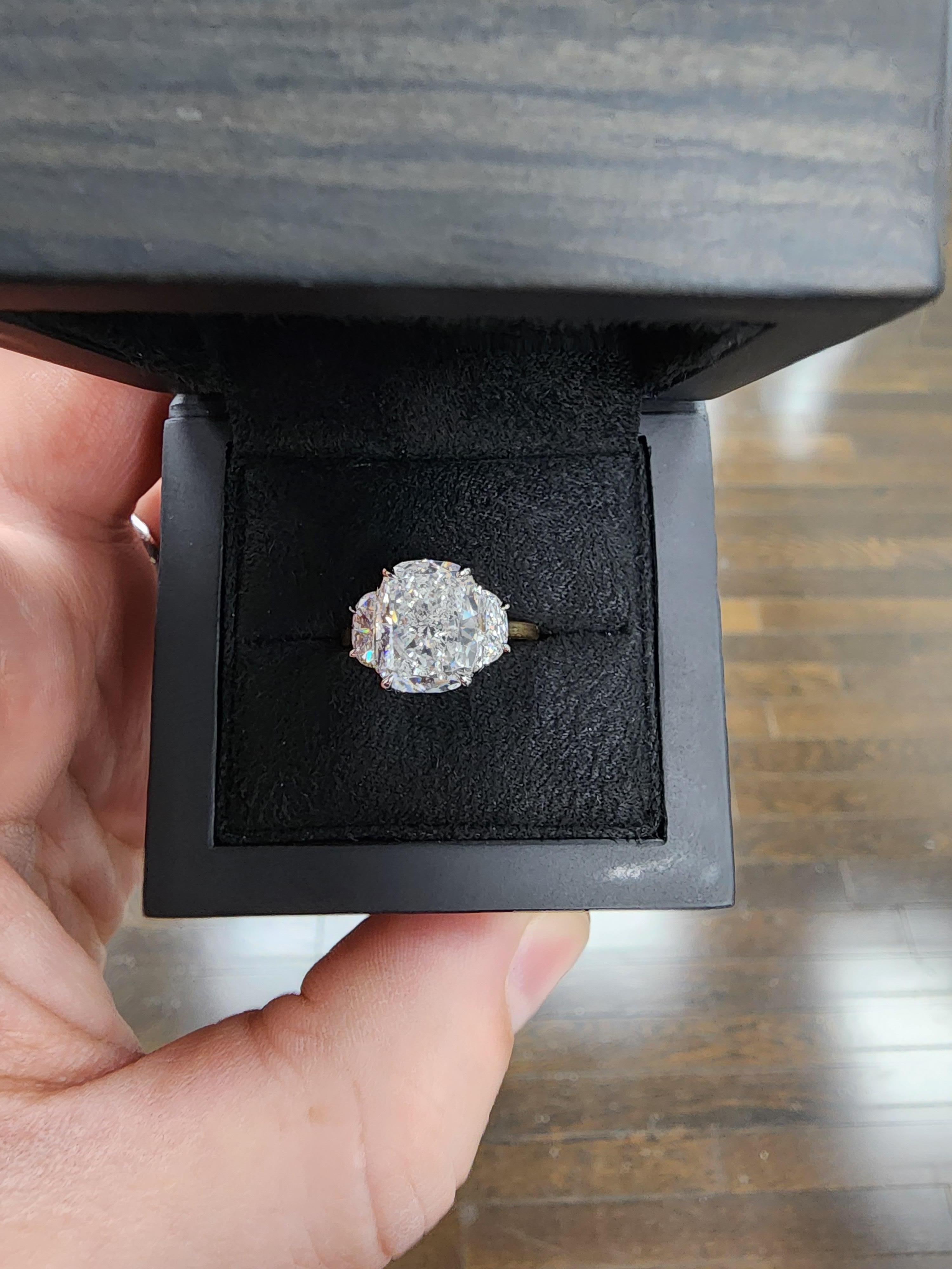 Louis Newman & Co 4.27 carat Elongated Cushion GIA Cert Diamond Three Stone Ring For Sale 4