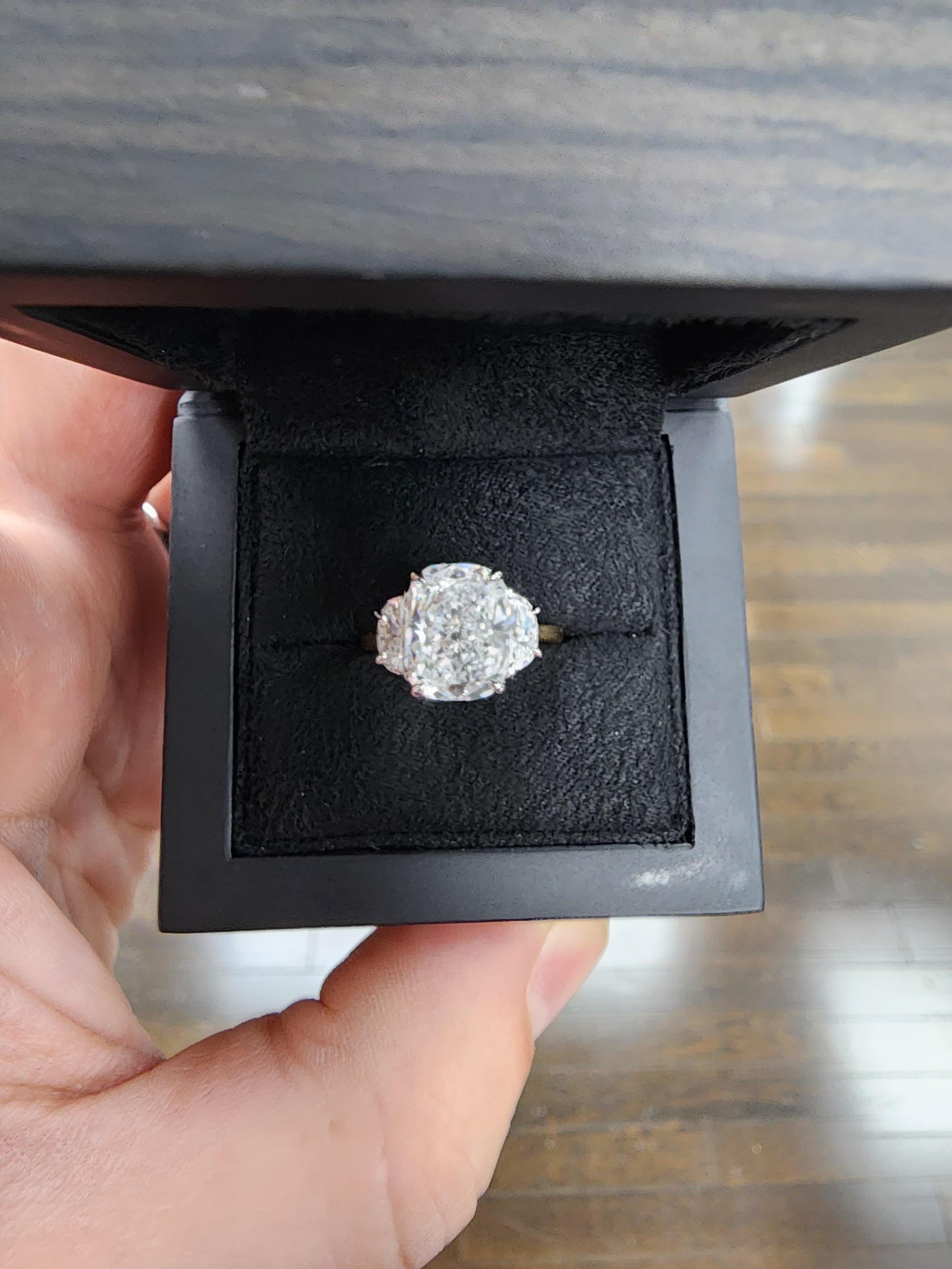 Louis Newman & Co 4.27 carat Elongated Cushion GIA Cert Diamond Three Stone Ring For Sale 5