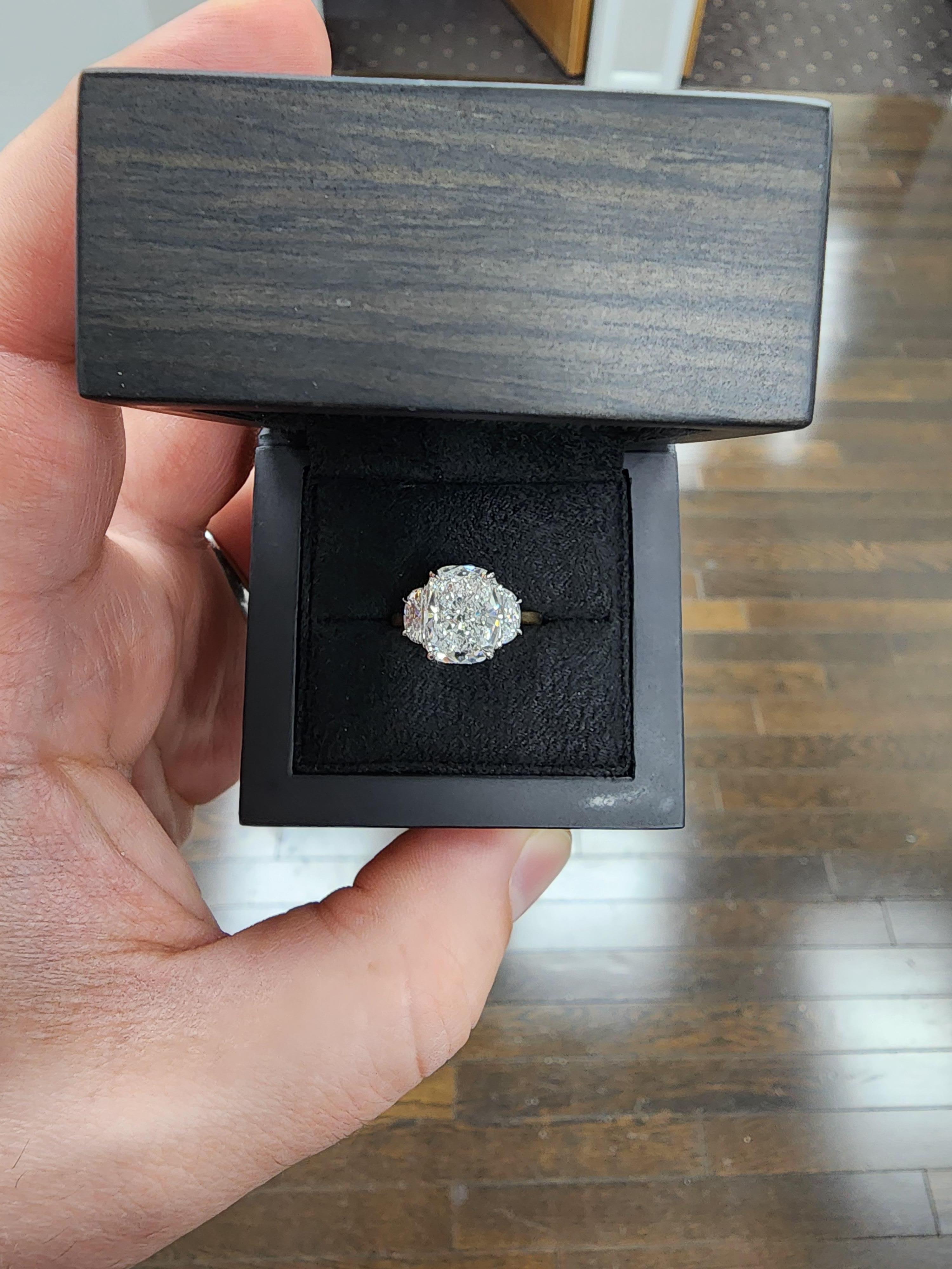Louis Newman & Co 4.27 carat Elongated Cushion GIA Cert Diamond Three Stone Ring For Sale 4