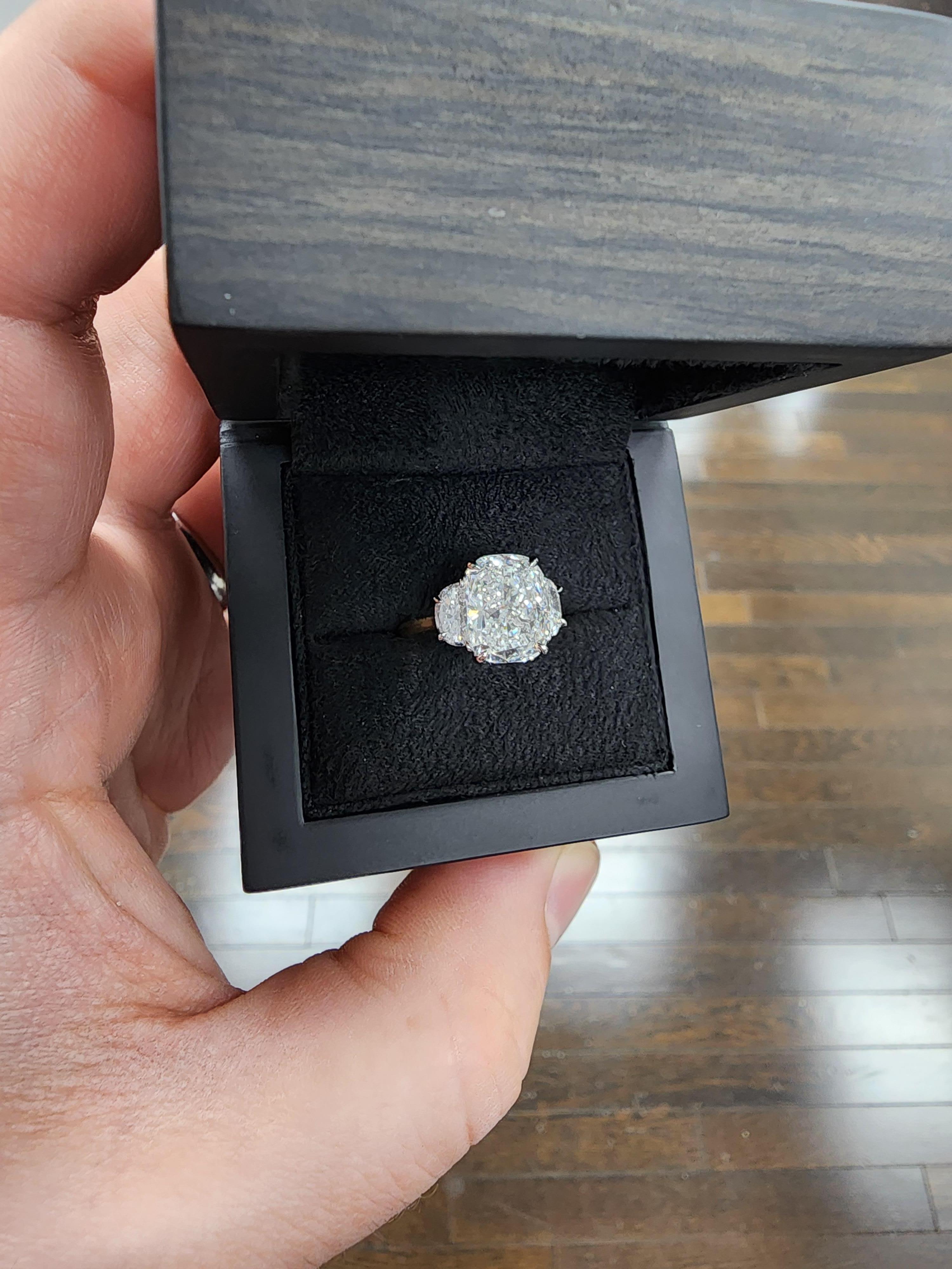 Louis Newman & Co 4.27 carat Elongated Cushion GIA Cert Diamond Three Stone Ring For Sale 1