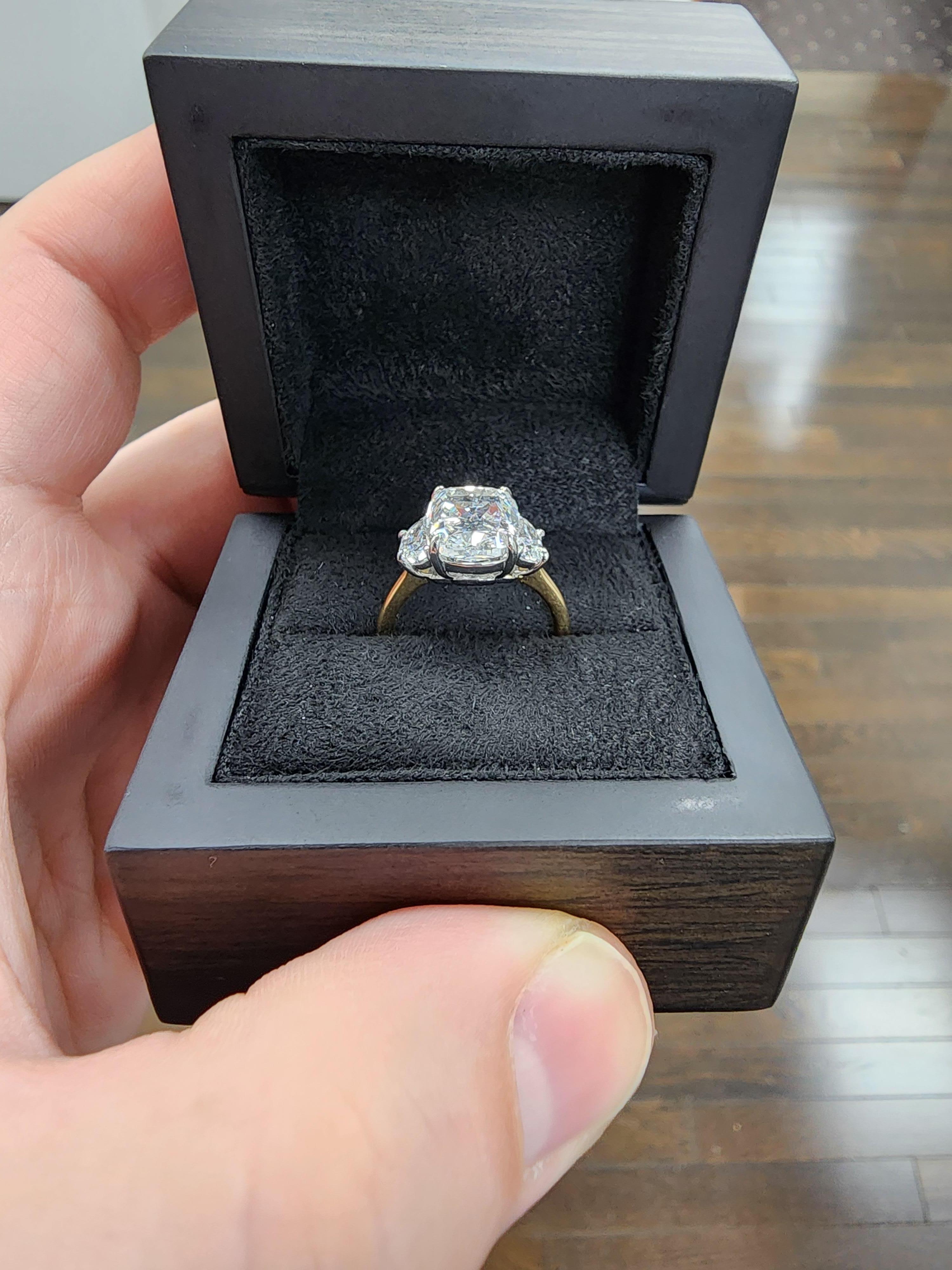 Louis Newman & Co 4.27 carat Elongated Cushion GIA Cert Diamond Three Stone Ring For Sale 3