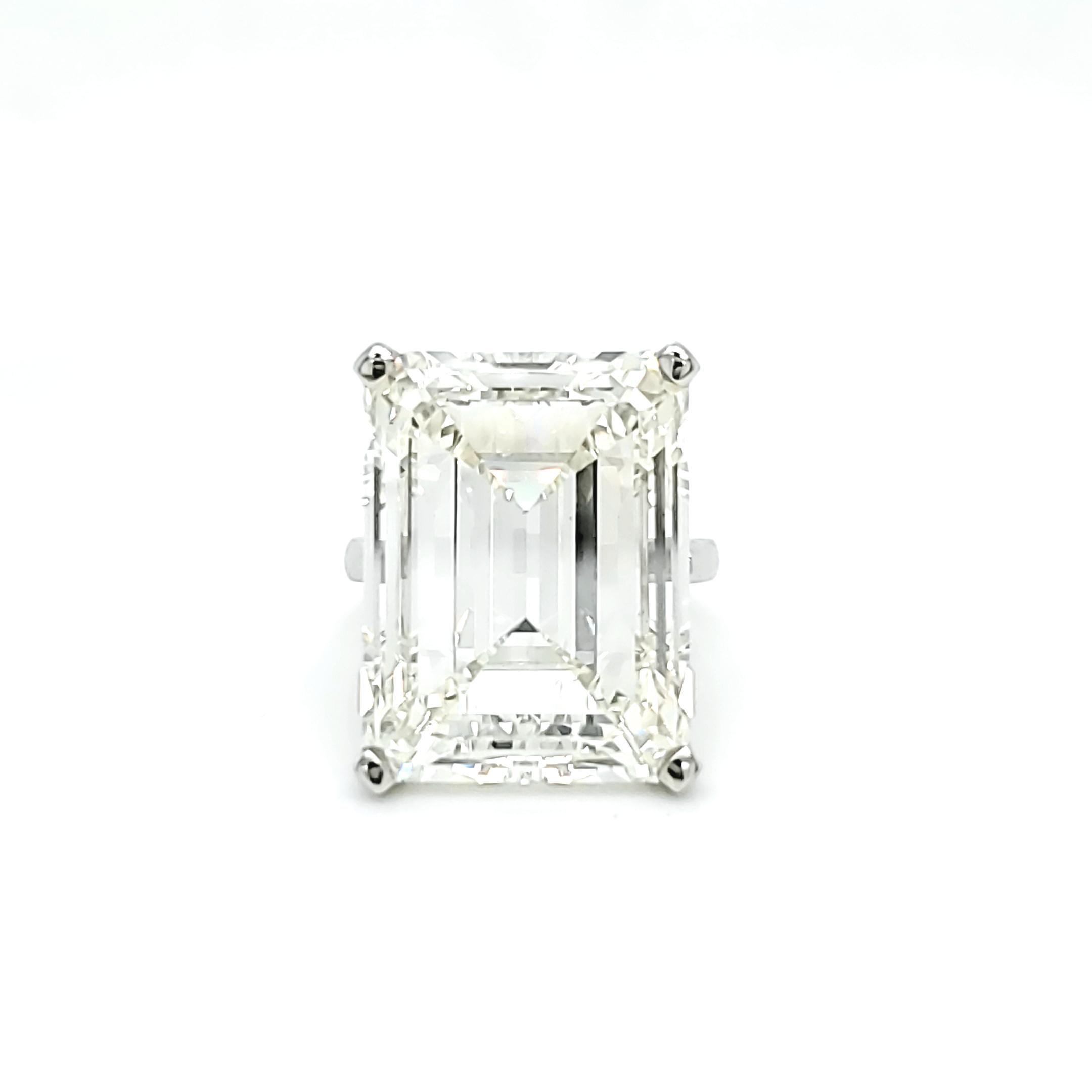 GIA certified 30.39 carat J color VS2 Clarity Emerald Cut Diamond. Set in a handmade solitaire band. Finger size is currently 6.5 but can be adjusted as needed. We can include a setting of your choice for this item Up to $15,000 value. 