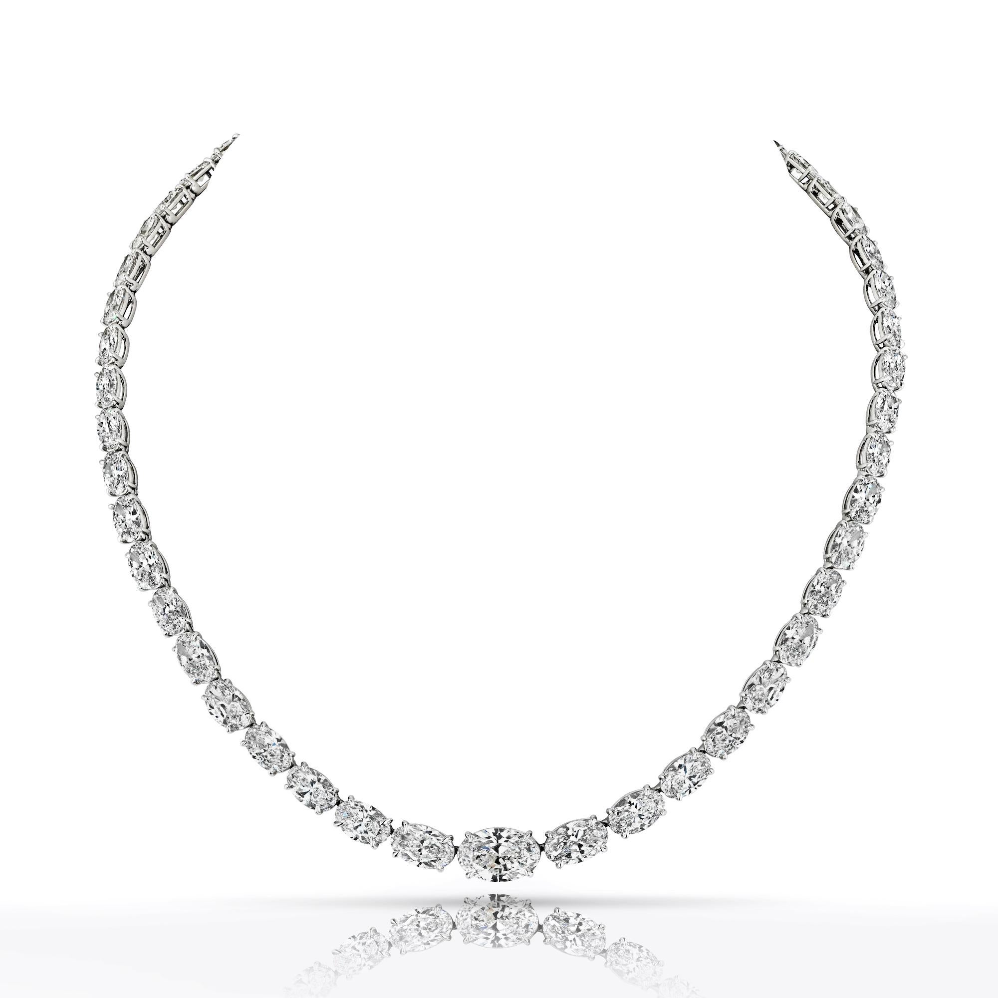 A Louis Newman & Company masterpiece! After months in the making we finally completed this one of a kind Oval Cut  Diamond Riviera Necklace. 35.13 carats of perfectly cut oval cut diamonds. The center stone is a GIA certified 3.01 carat D color Si1